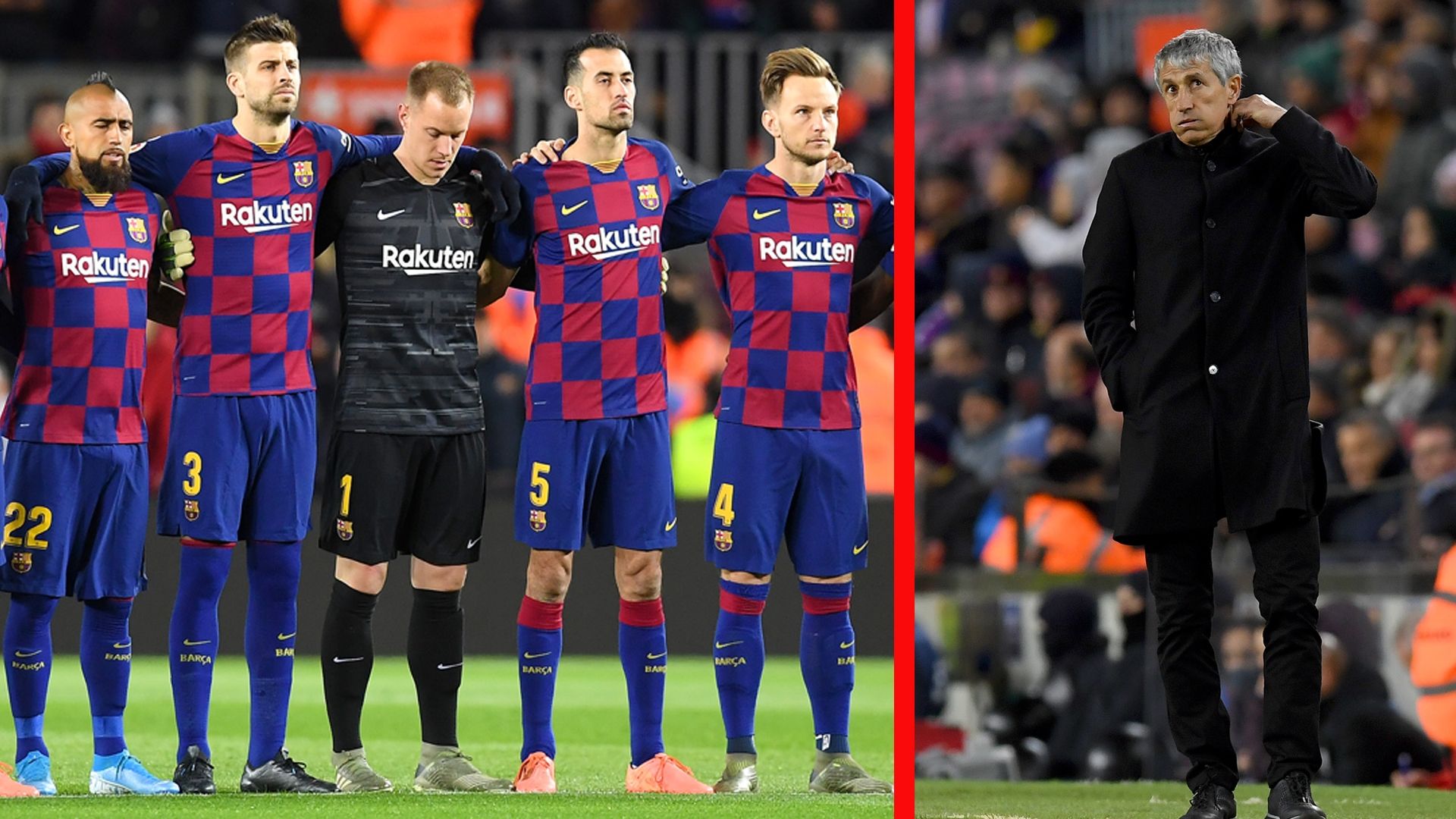 Alineación del Barcelona y Quique Setién