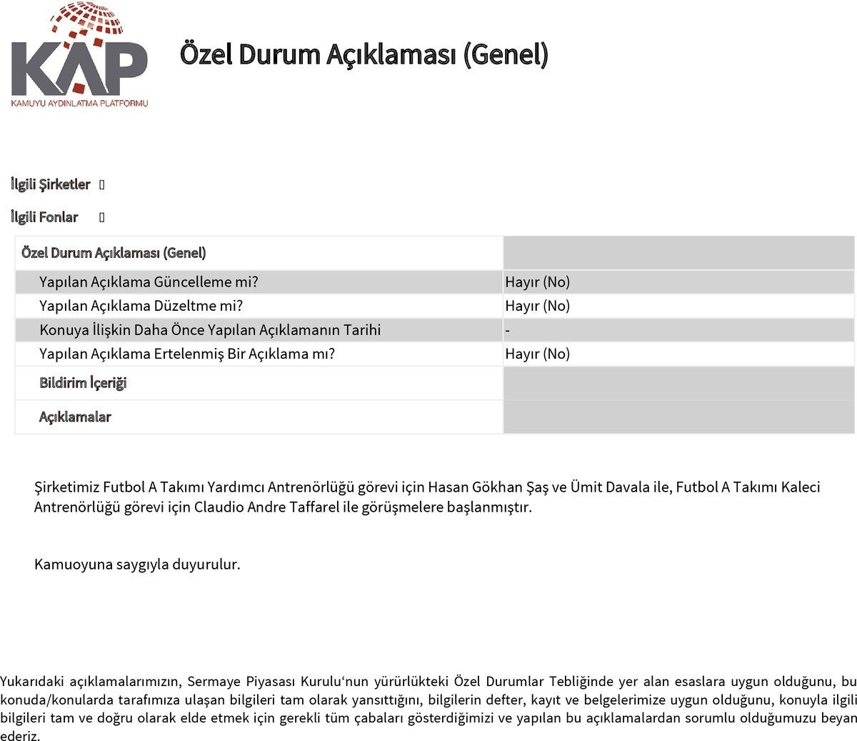 Galatasaray Hasan Sas Umit Davala Claudio Taffarel KAP