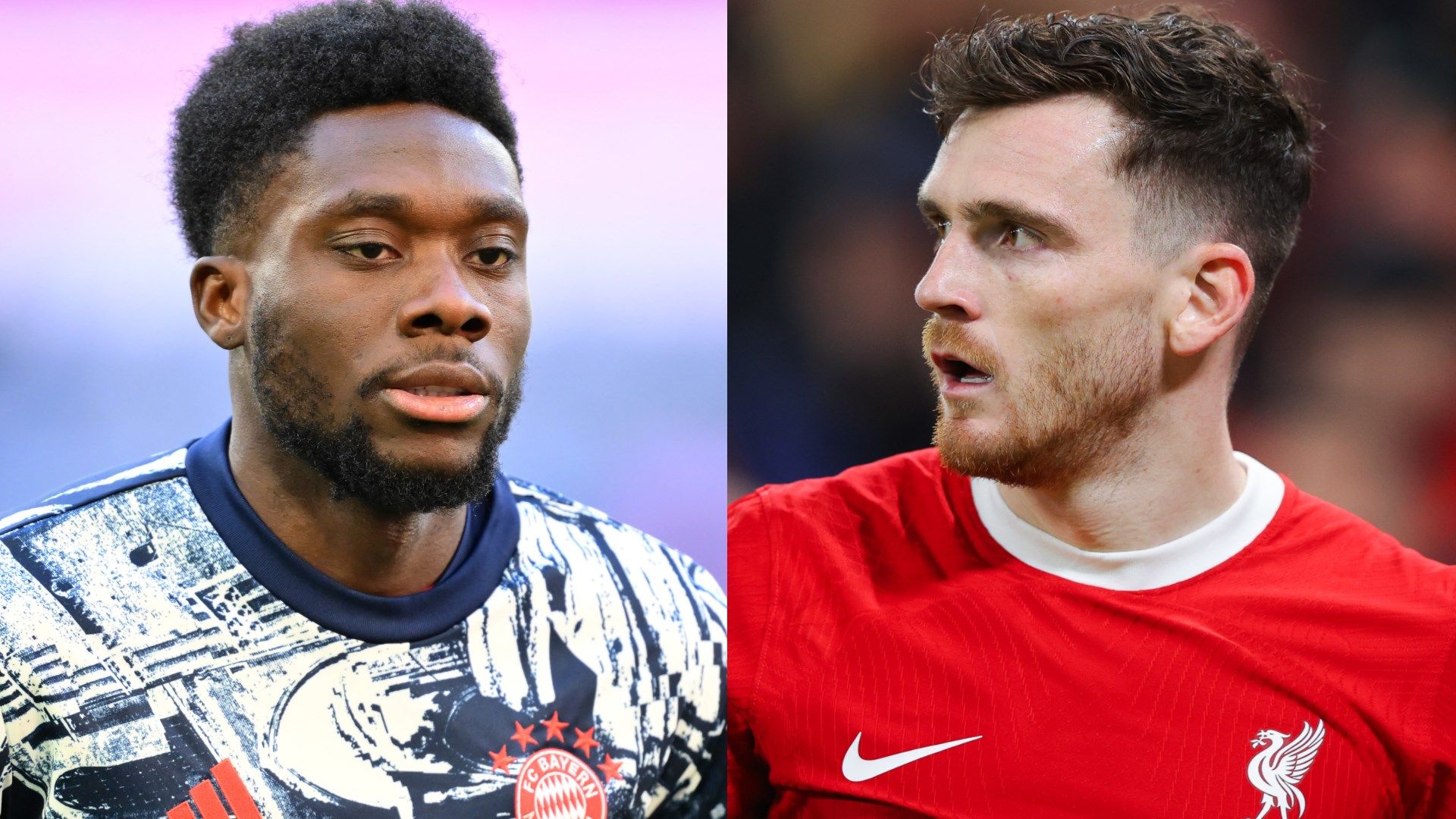 Bayern Munich's Alphonso Davies and Liverpool's Andy Robertson
