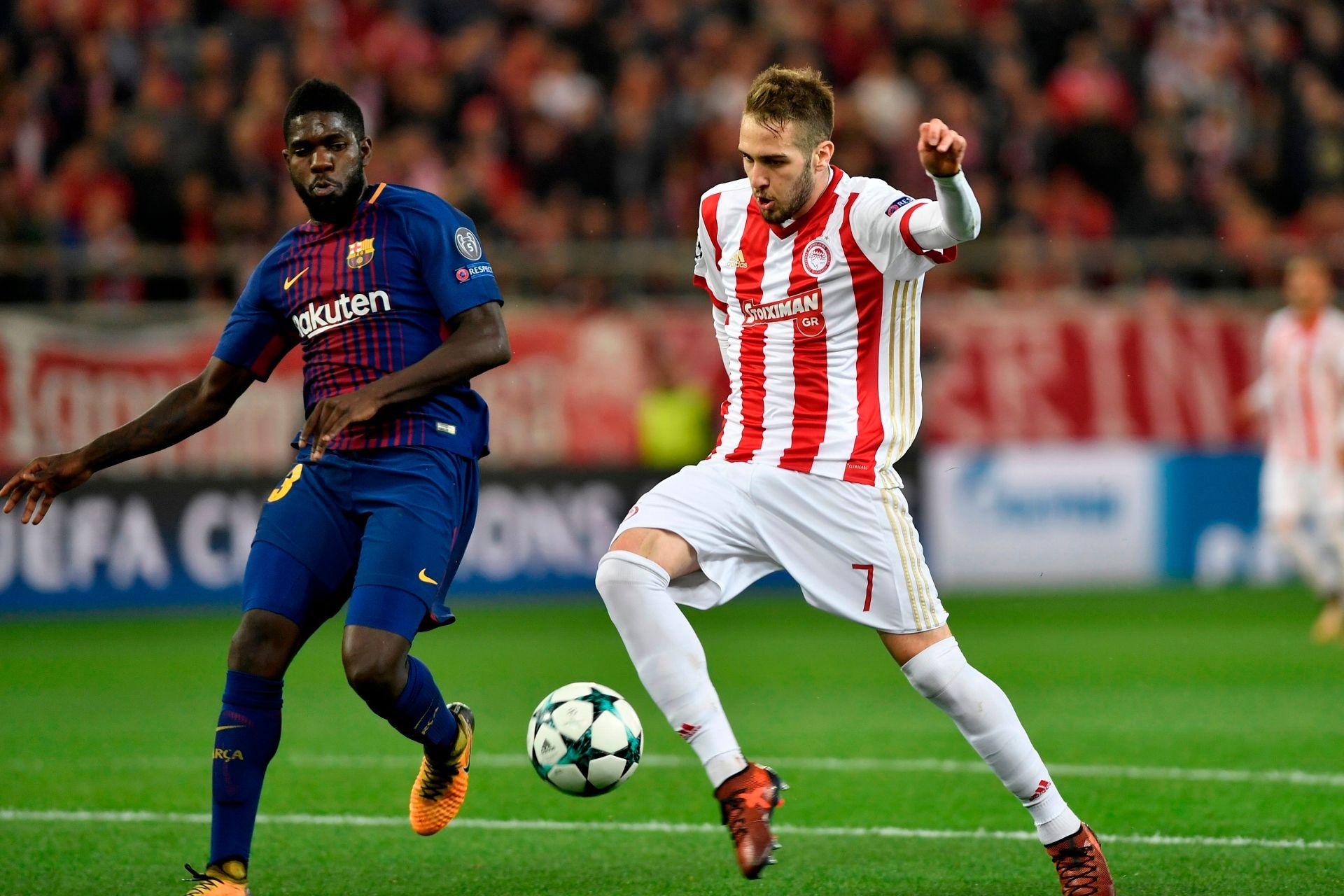 Samuel Umtiti Kostas Fortounis Olympiakos Barcelona UCL 31102017