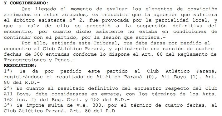 Resolucion AFA Atletico Parana All Boys