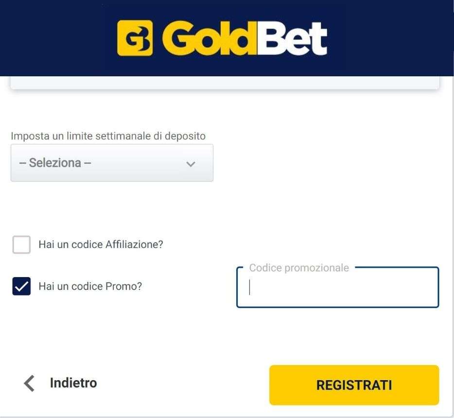 goldbet formulario registrazione codice promozionale