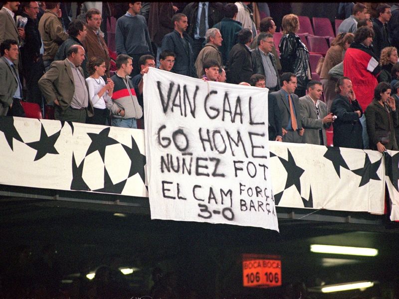Barcelona fans protest against their coach Luis van Gaal