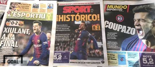 9일(현지시간) 西 스포츠 신문 '엘레 스포르티우', '문도 데포르티포', '스포르트' 1면을 장식한 쿠티뉴의 데뷔골. 사진=골닷컴 이하영 에디터