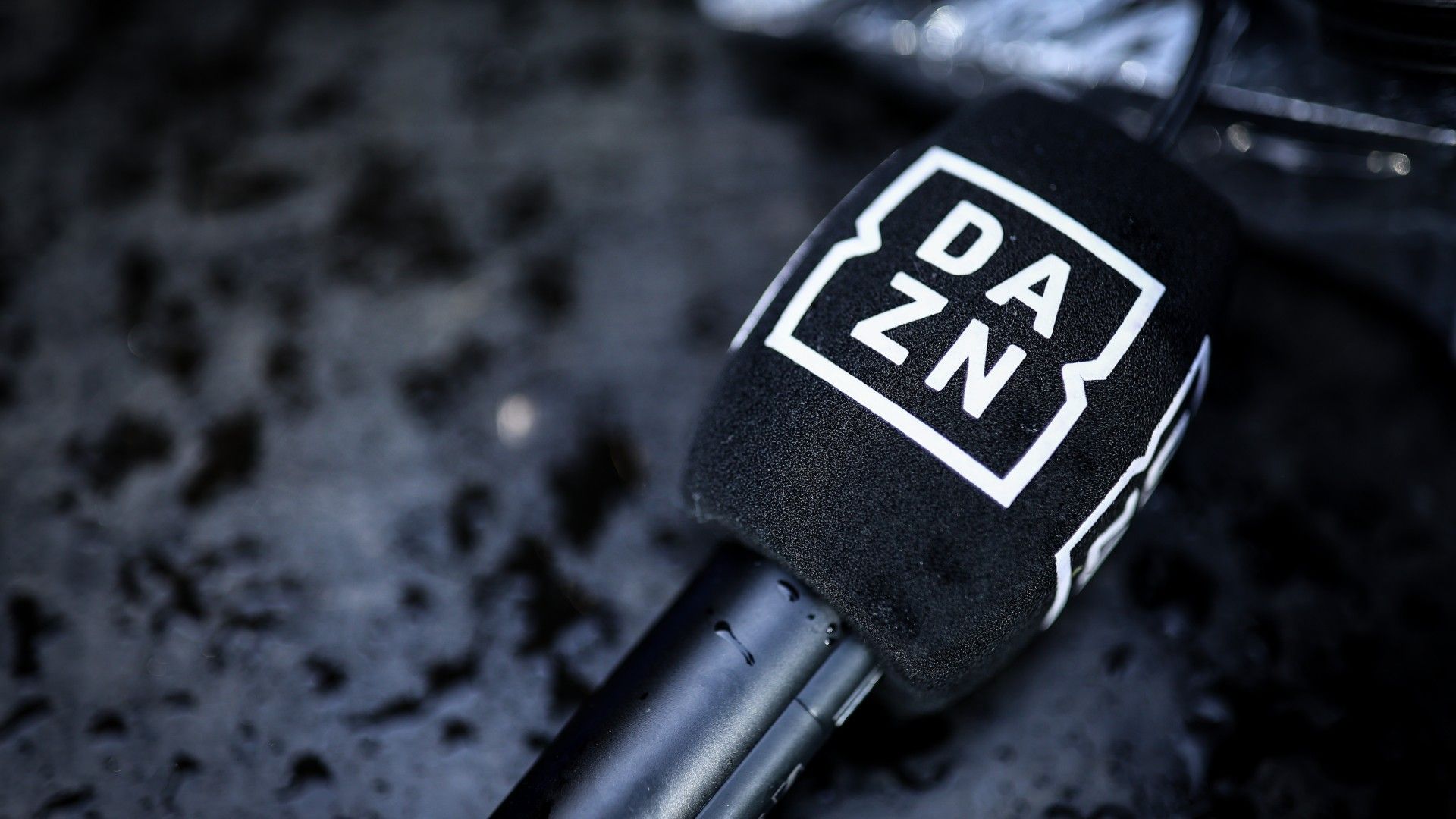 A DAZN Microphone is seen before the Bundesliga match 