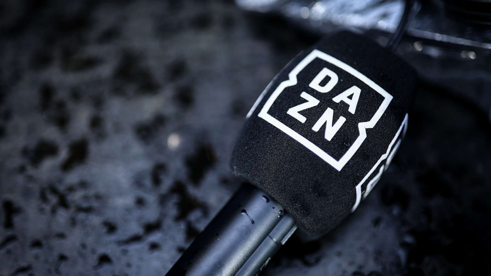 A DAZN Microphone is seen before the Bundesliga match