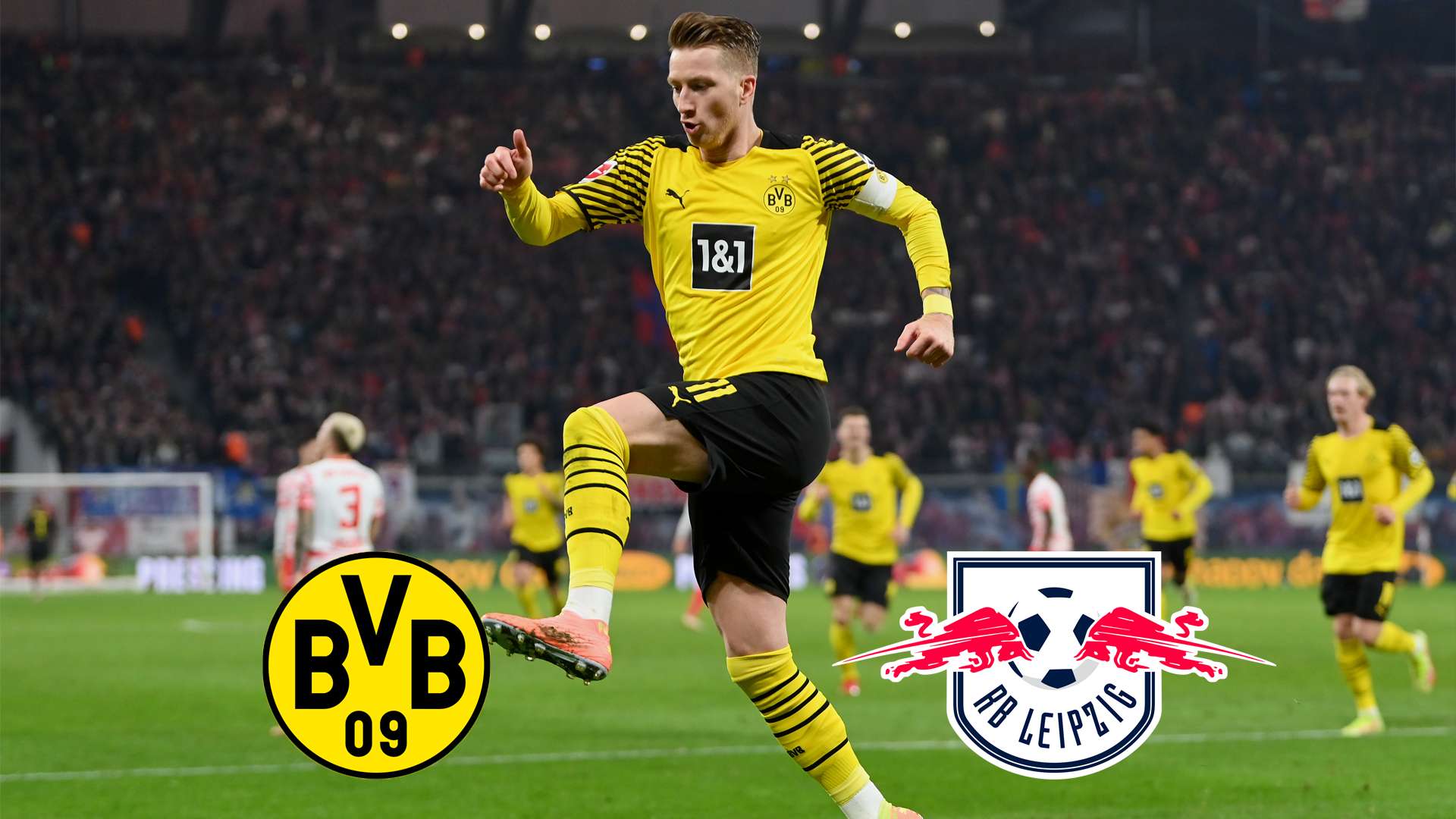 Marco Reus vom BVB Borussia Dortmund jubelt im Sprung nach seinem Tor gegen RB Leipzig Bundesliga 2021 2022
