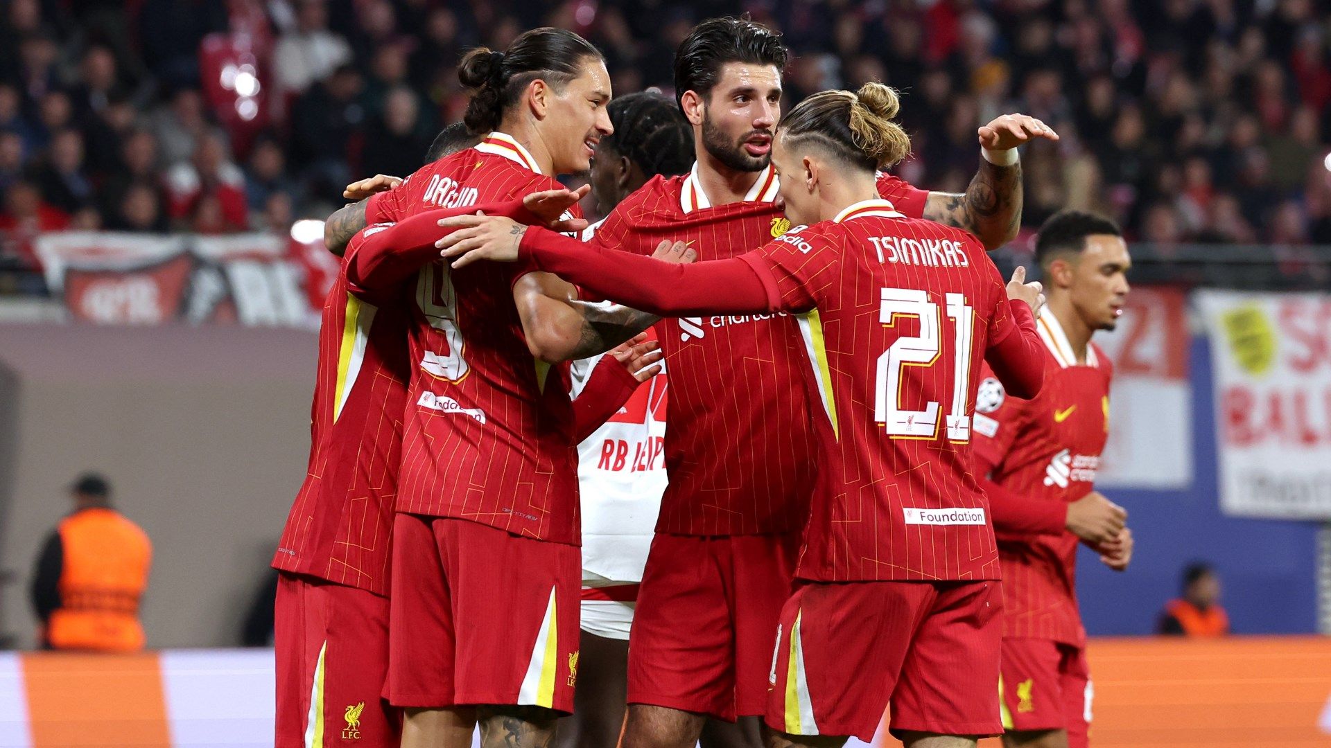 Darwin Nunez celebrates RB Leipzig Liverpool Champions League 2024-25