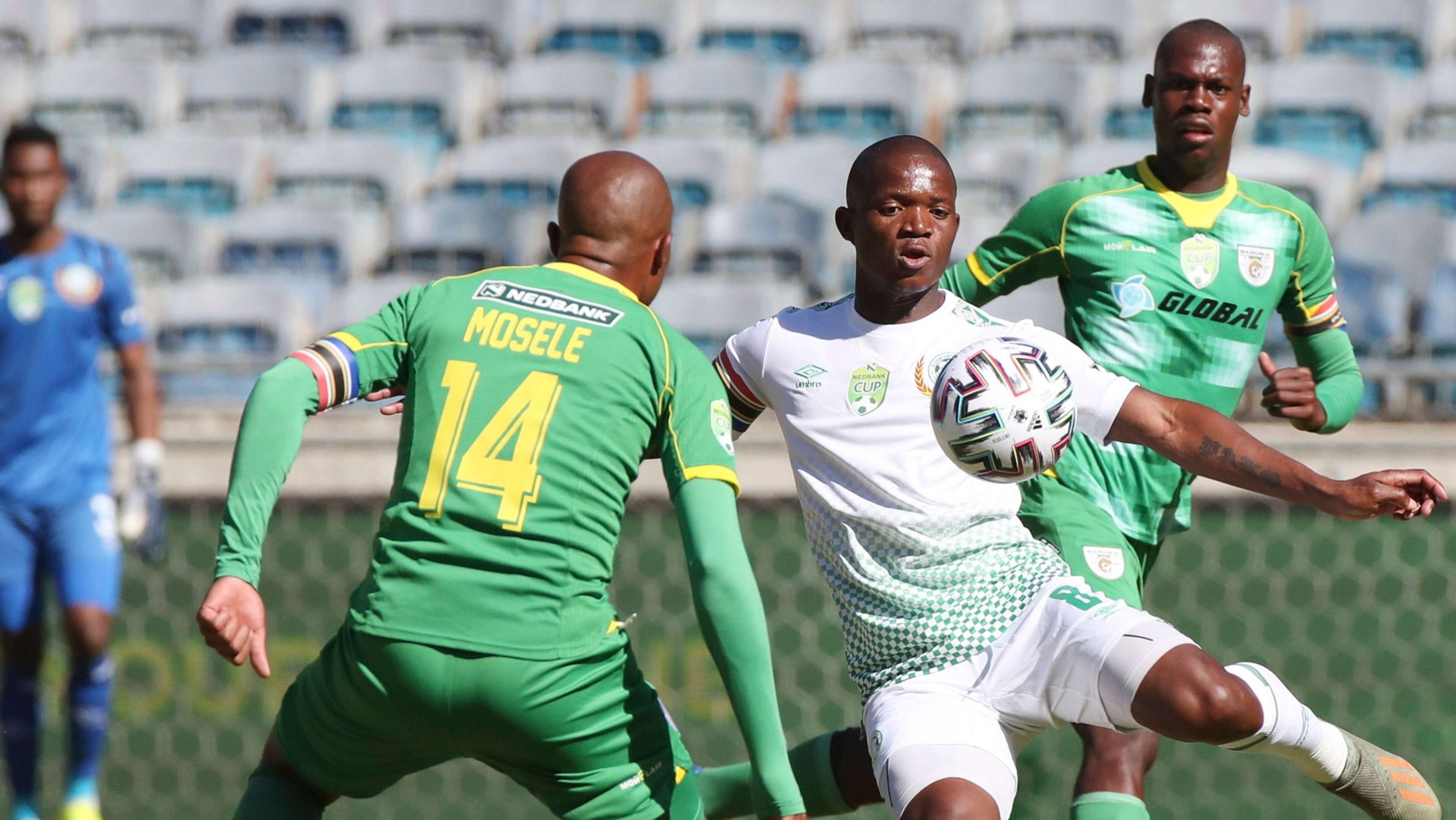 Lantshene Phalane of Bloemfontein Celtic challenged by Goodman Mosele of Baroka FC, August 2020