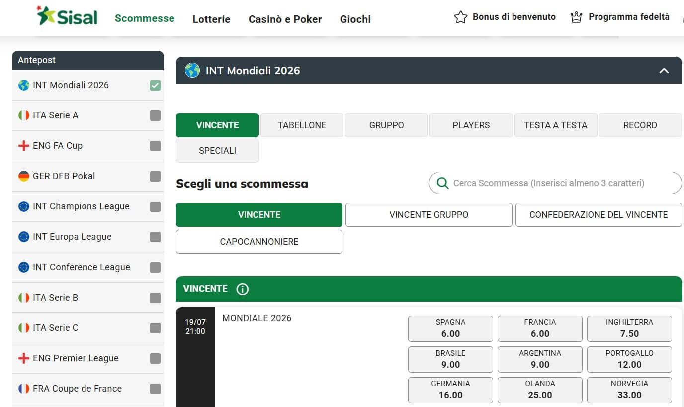 sisal mondiali antepost