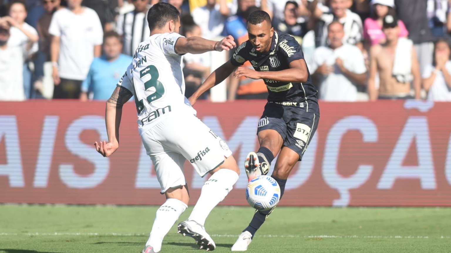 Lucas Braga e Luan dividem bola em Santos x Palmeiras, pela 30ª rodada do Brasileirão 07112021
