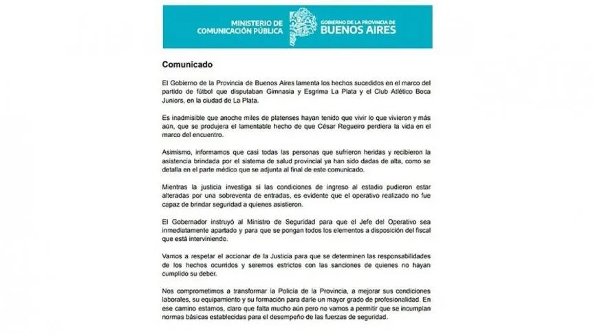 comunicado gobierno provincia boca gimnasia
