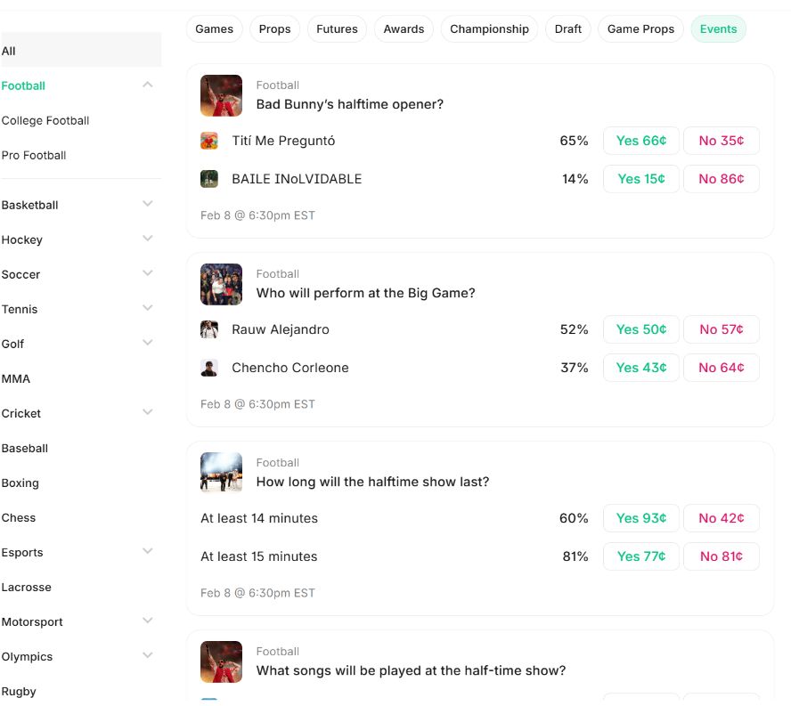 kalshi super bow half time trading