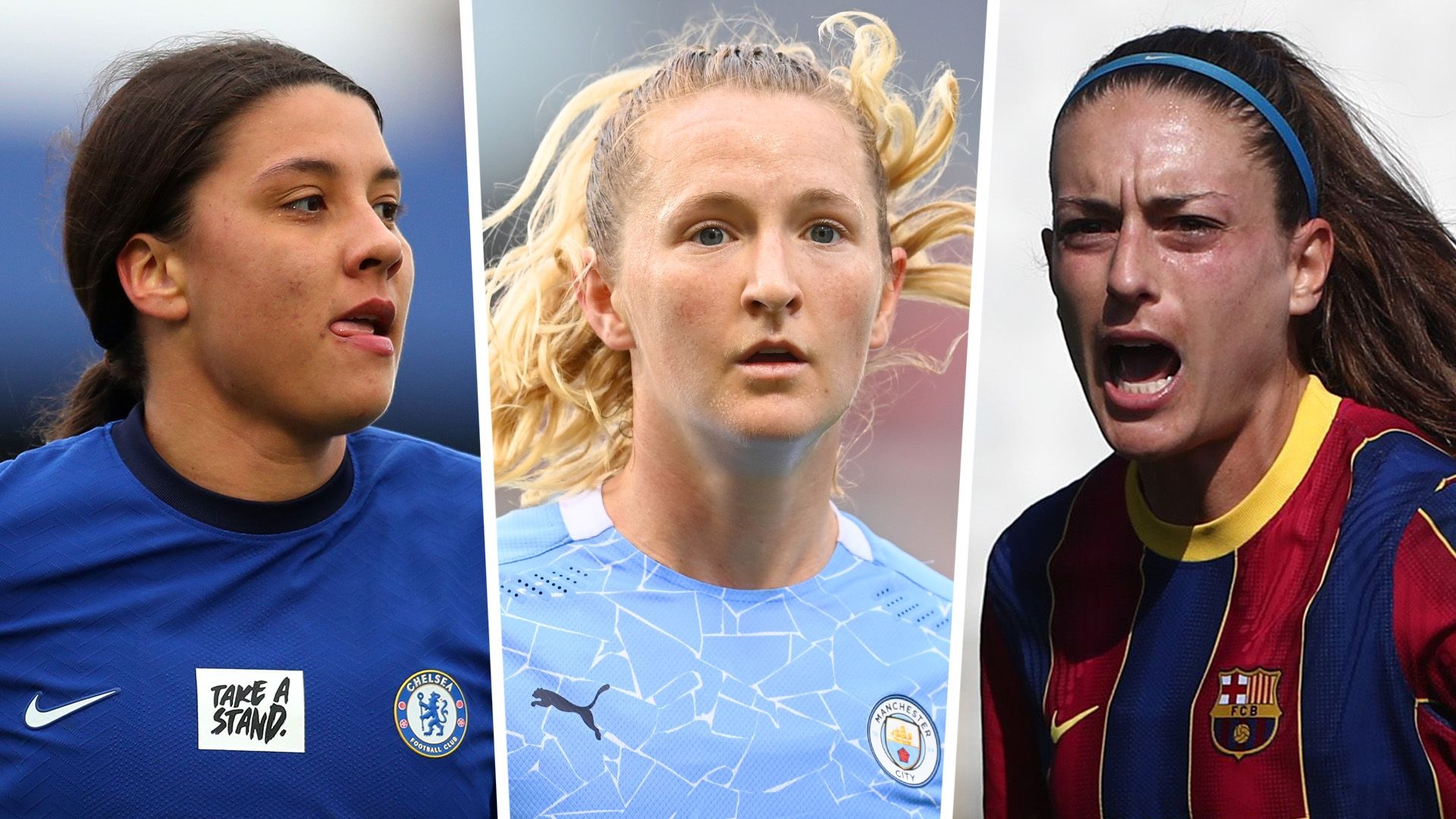 Chelsea's Sam Kerr, City's Sam Mewis and Barca's Alexia Putellas
