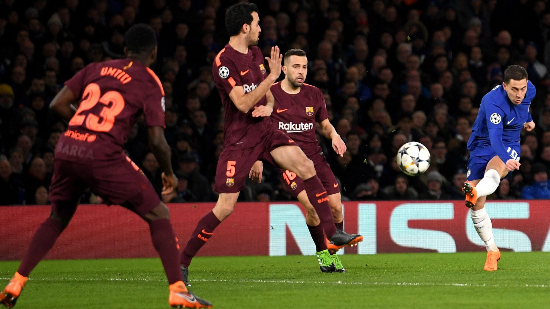 Eden Hazard Sergio Busquets Jordi Alba Chelsea Barcelona Champions League