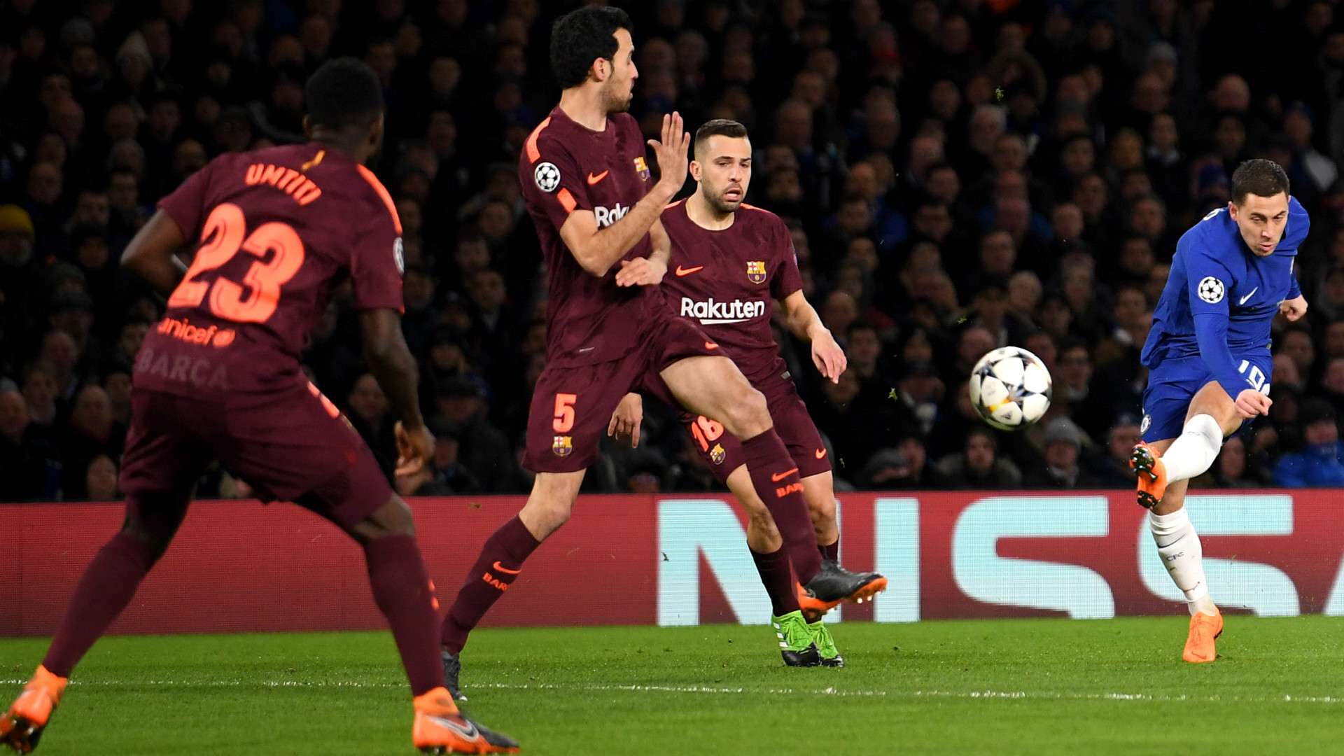 Eden Hazard Sergio Busquets Jordi Alba Chelsea Barcelona Champions League