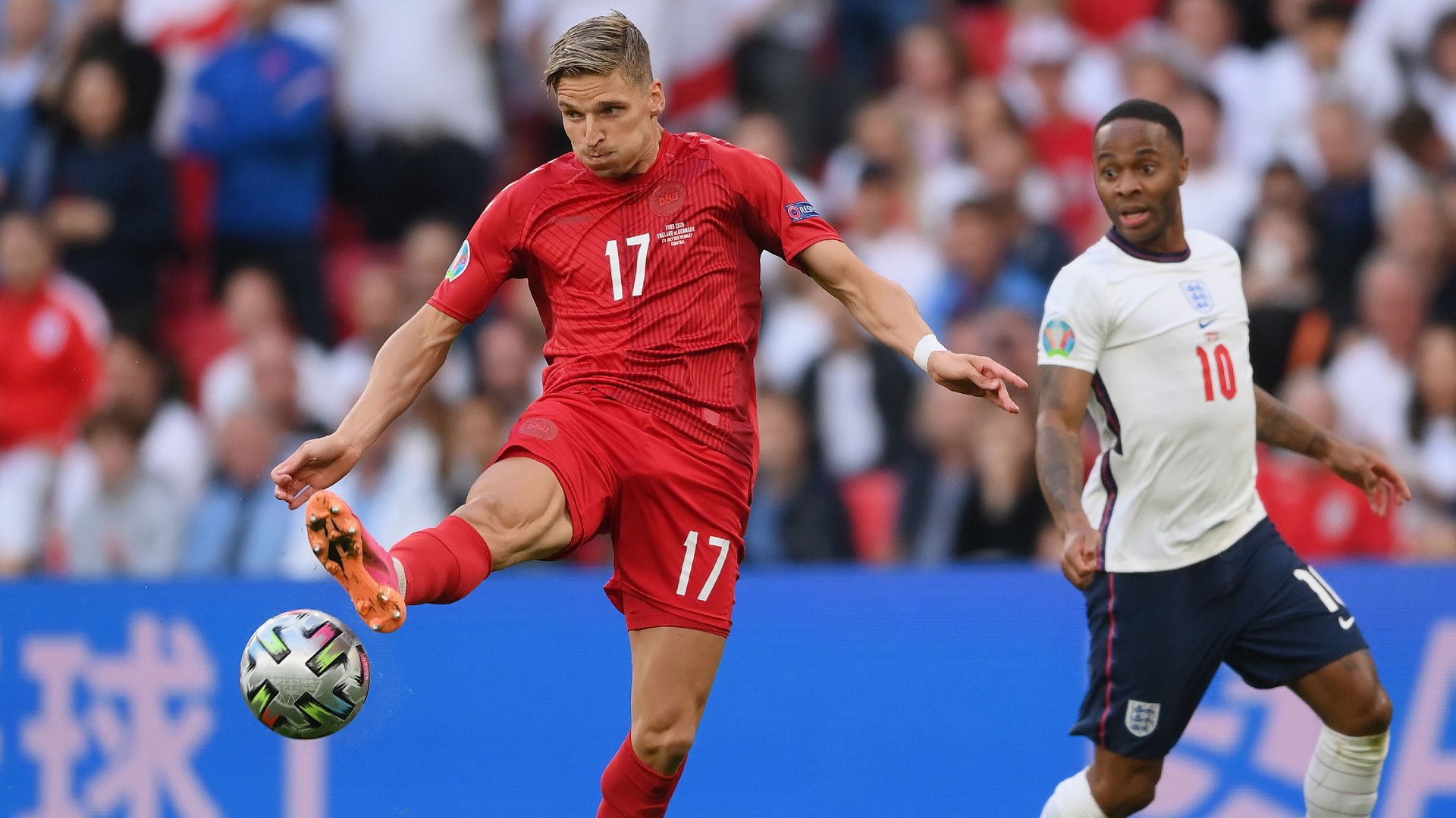 JENS STRYGER LARSEN DENMARK RAHEEM STERLING ENGLAND 07072021