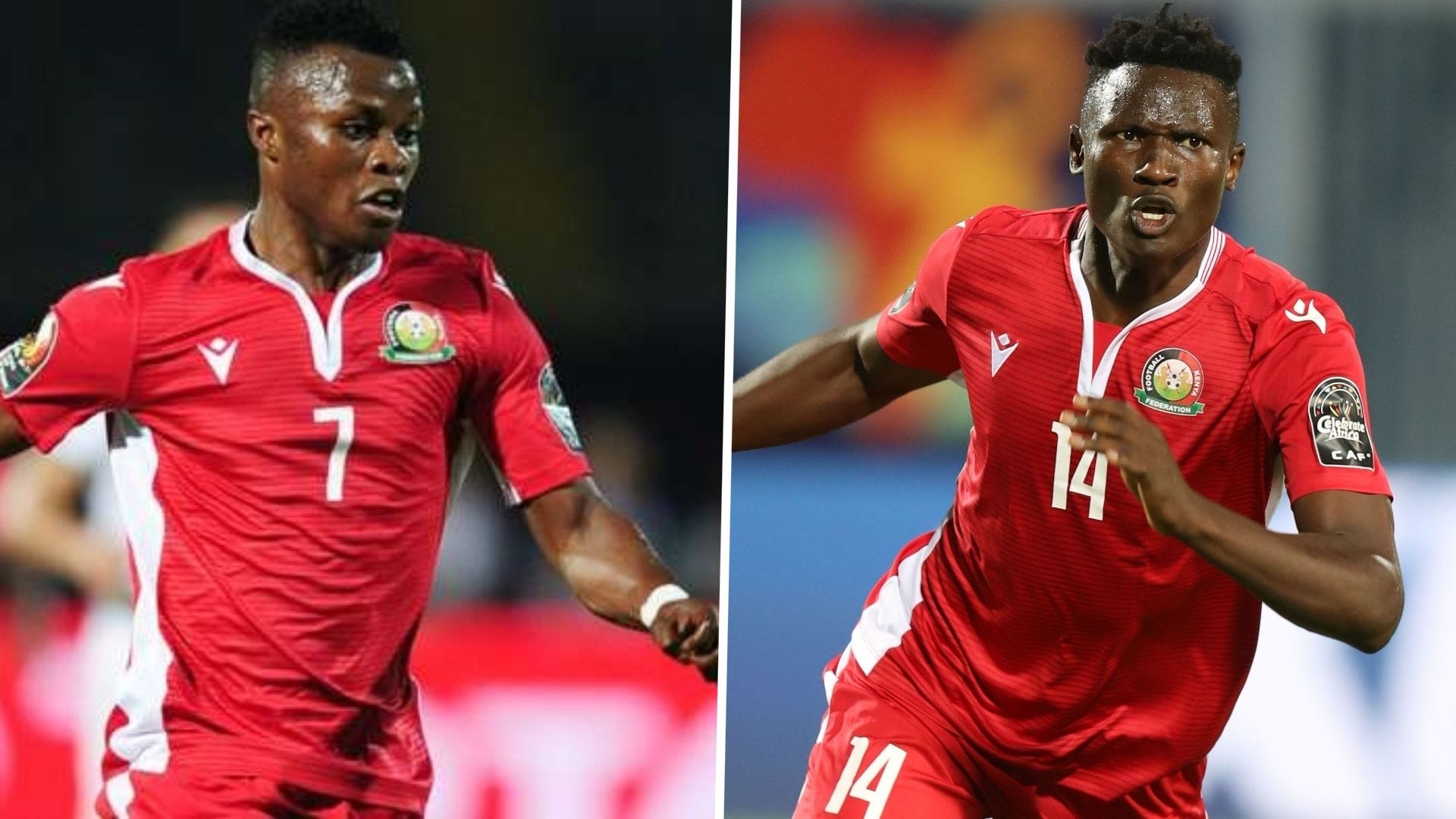 Ayub Timbe and Michael Olunga of Kenya and Harambee Stars.
