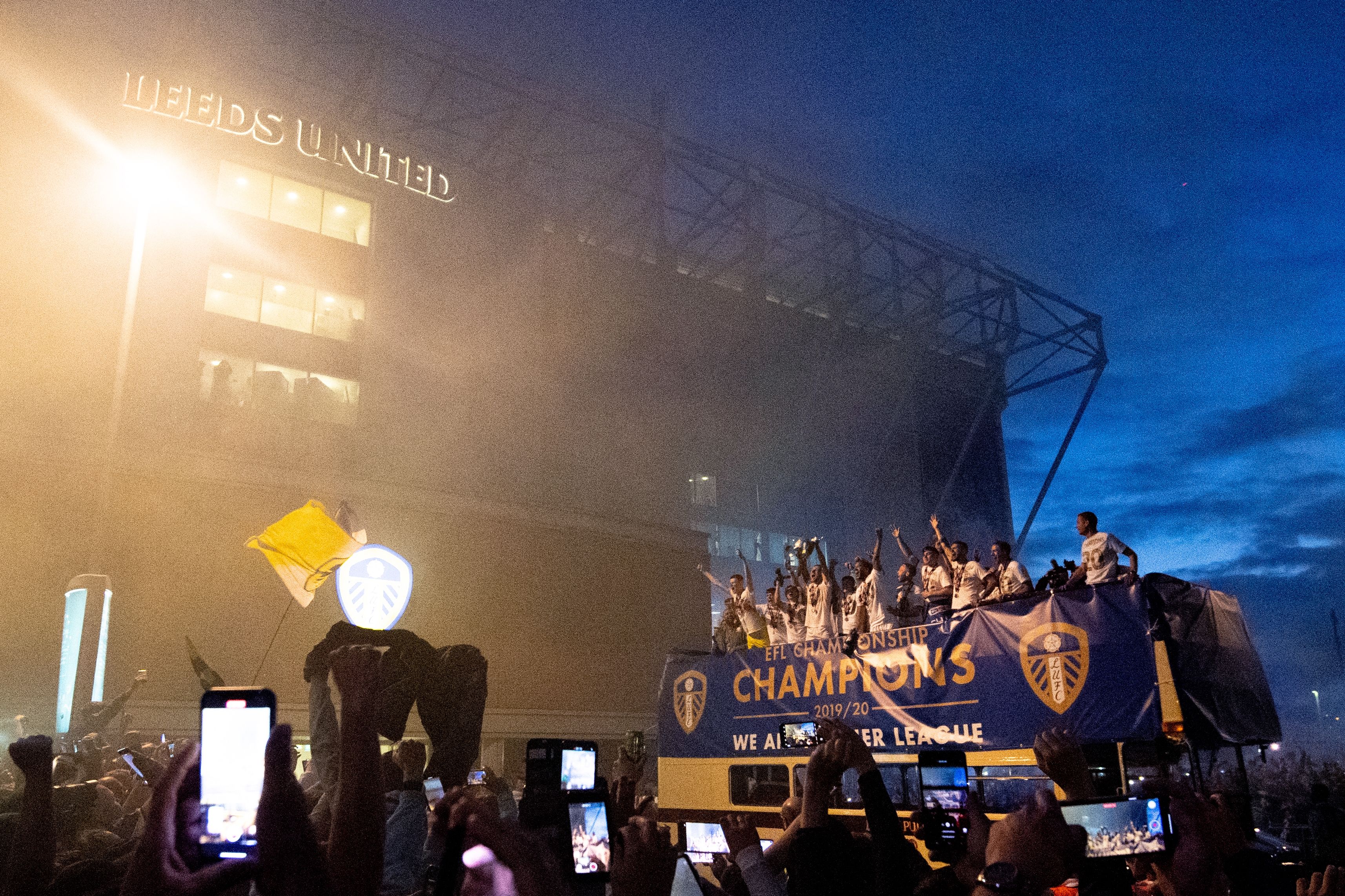 Leeds United celebrating outside Elland Road