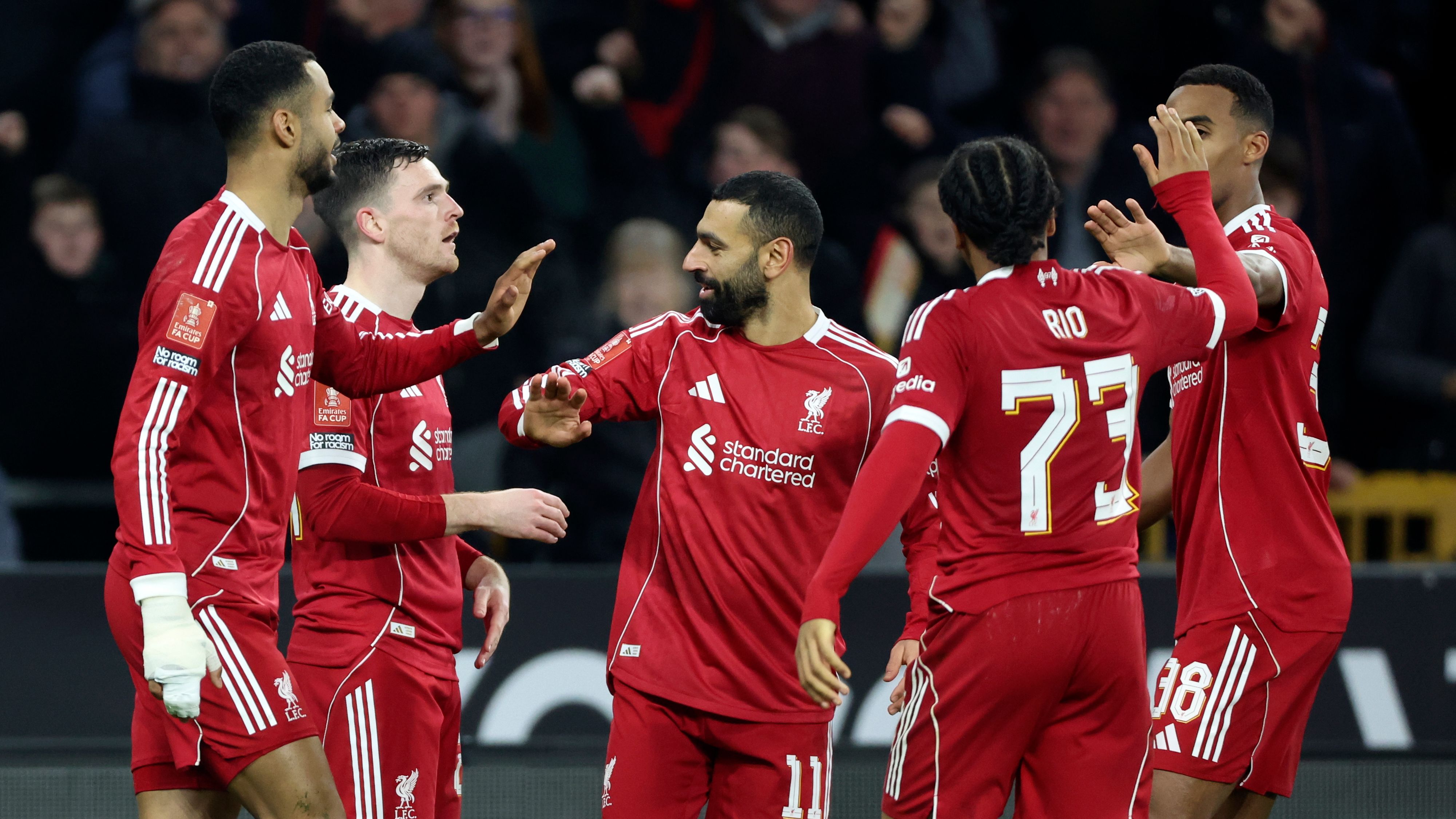 WOLVERHAMPTON, ENGLAND - MARCH 6: Cody Gakpo, Andrew Robertson, Mohamed Salah, Rio Ngumoha and Ryan Gravenberch celebrate 1st goal during the Emirates FA Cup Fifth Round match between Wolverhampton Wanderers and Liverpool on March 6, 2026 in Wolverhampton, England. (Photo by Nigel French/Sportsphoto/Allstar via Getty Images)