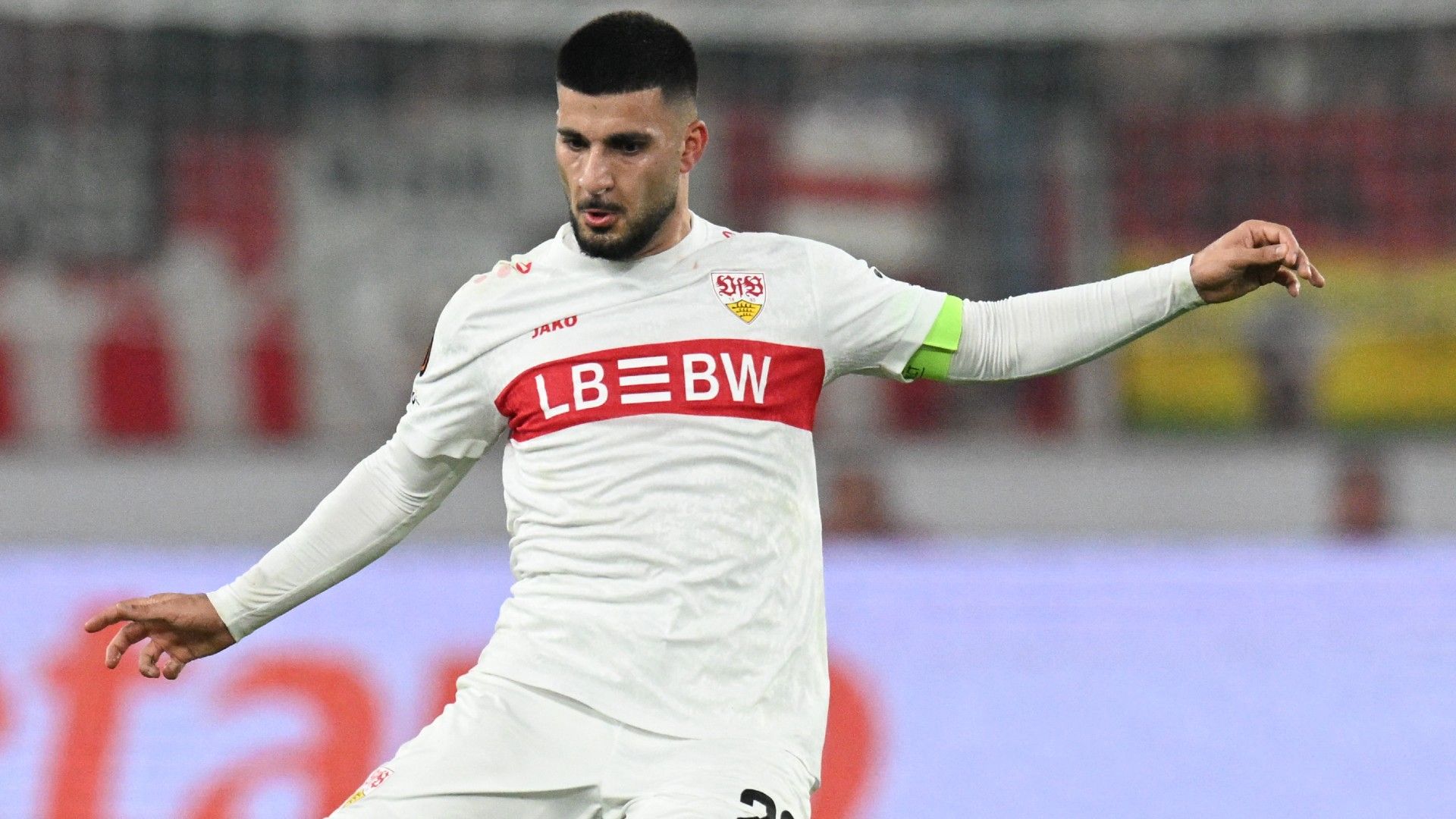 Stuttgart's German forward #26 Deniz Undav kicks the ball during the UEFA Europa League football match