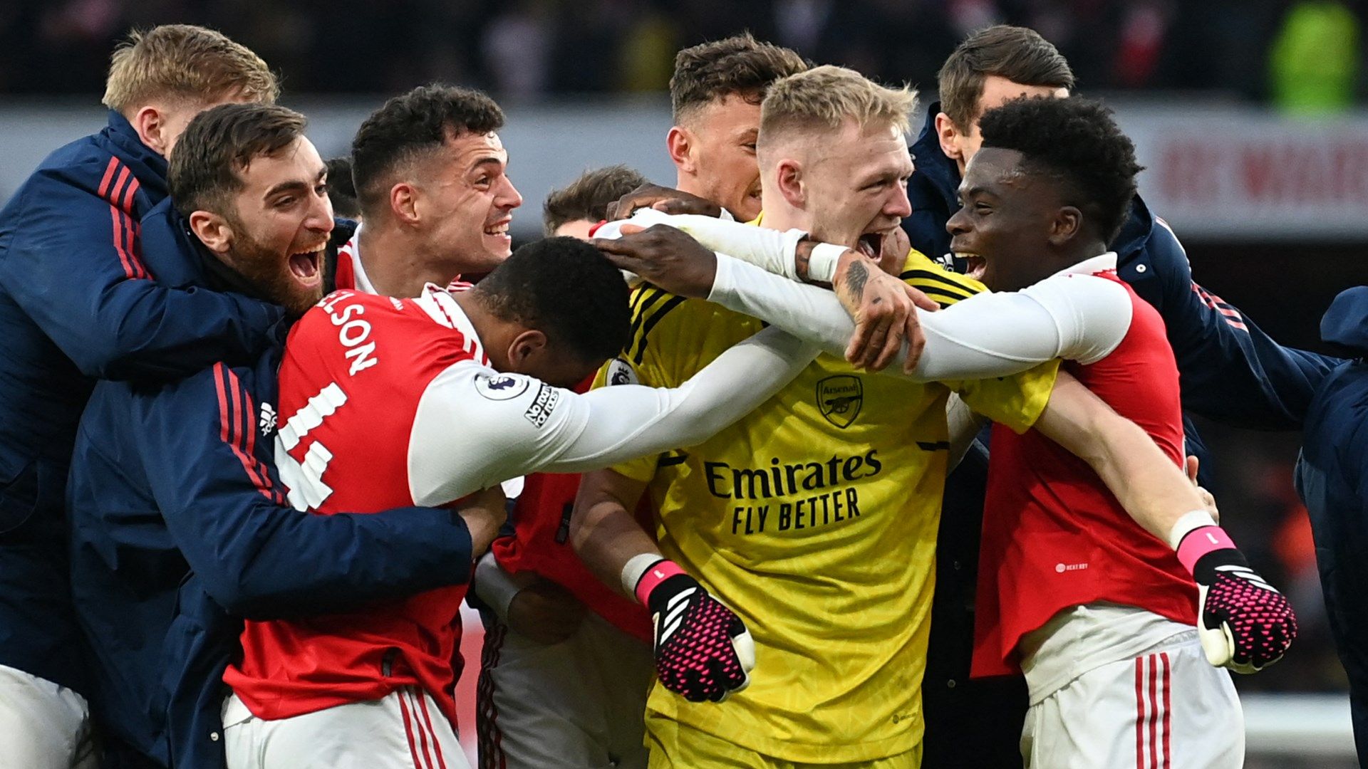 Arsenal celebrating win Bournemouth Premier League 2022-23