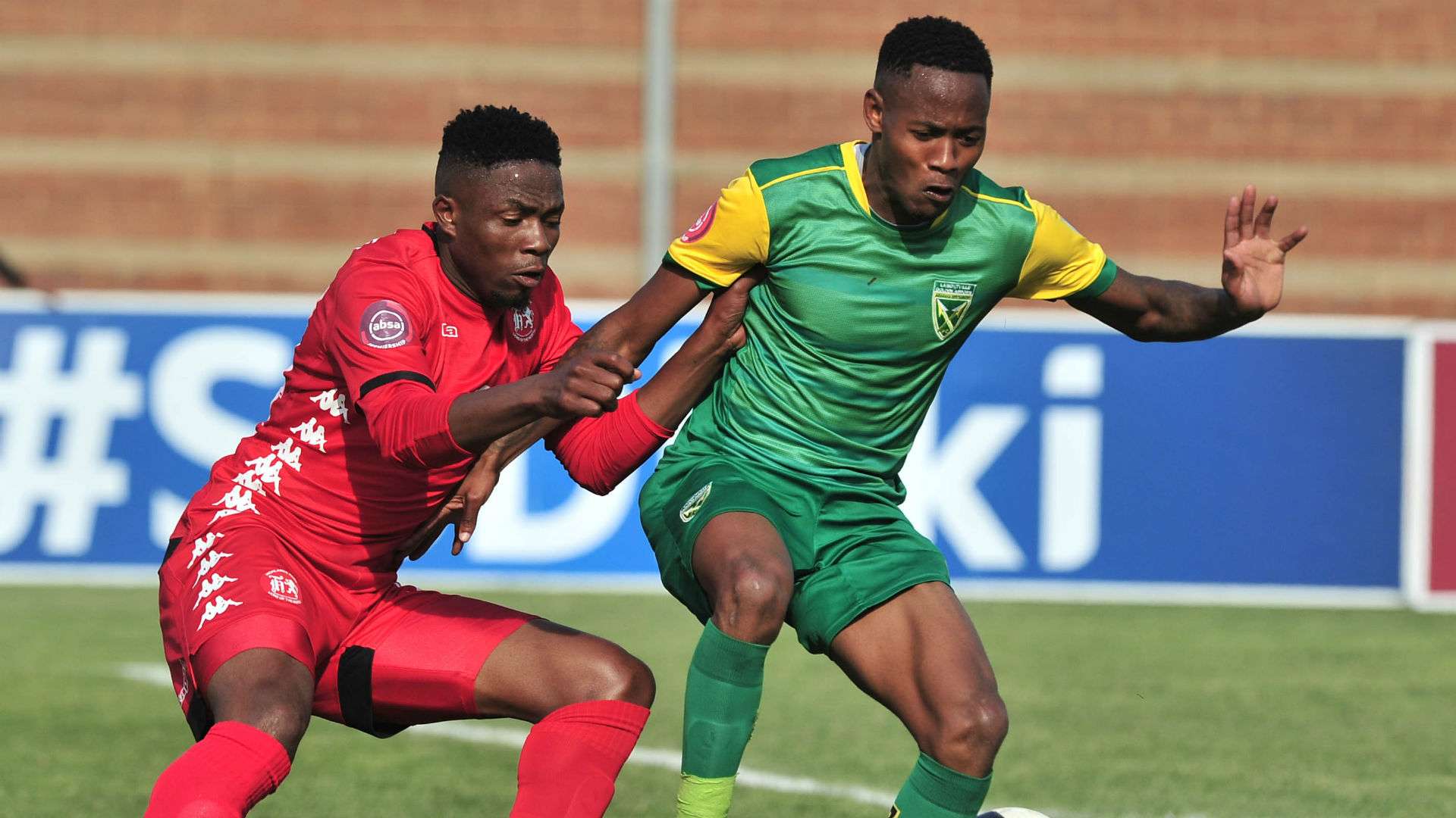 Sello Motsepe Highlands Park challenged by Sibusiso Sibeko of Golden Arrows