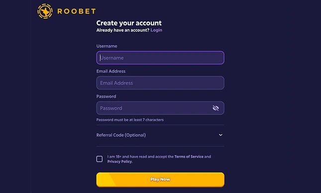 Roobet sign up form