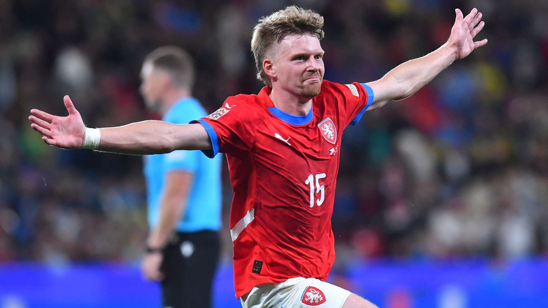 Czech Republic's midfielder #15 Pavel Sulc celebrates scoring