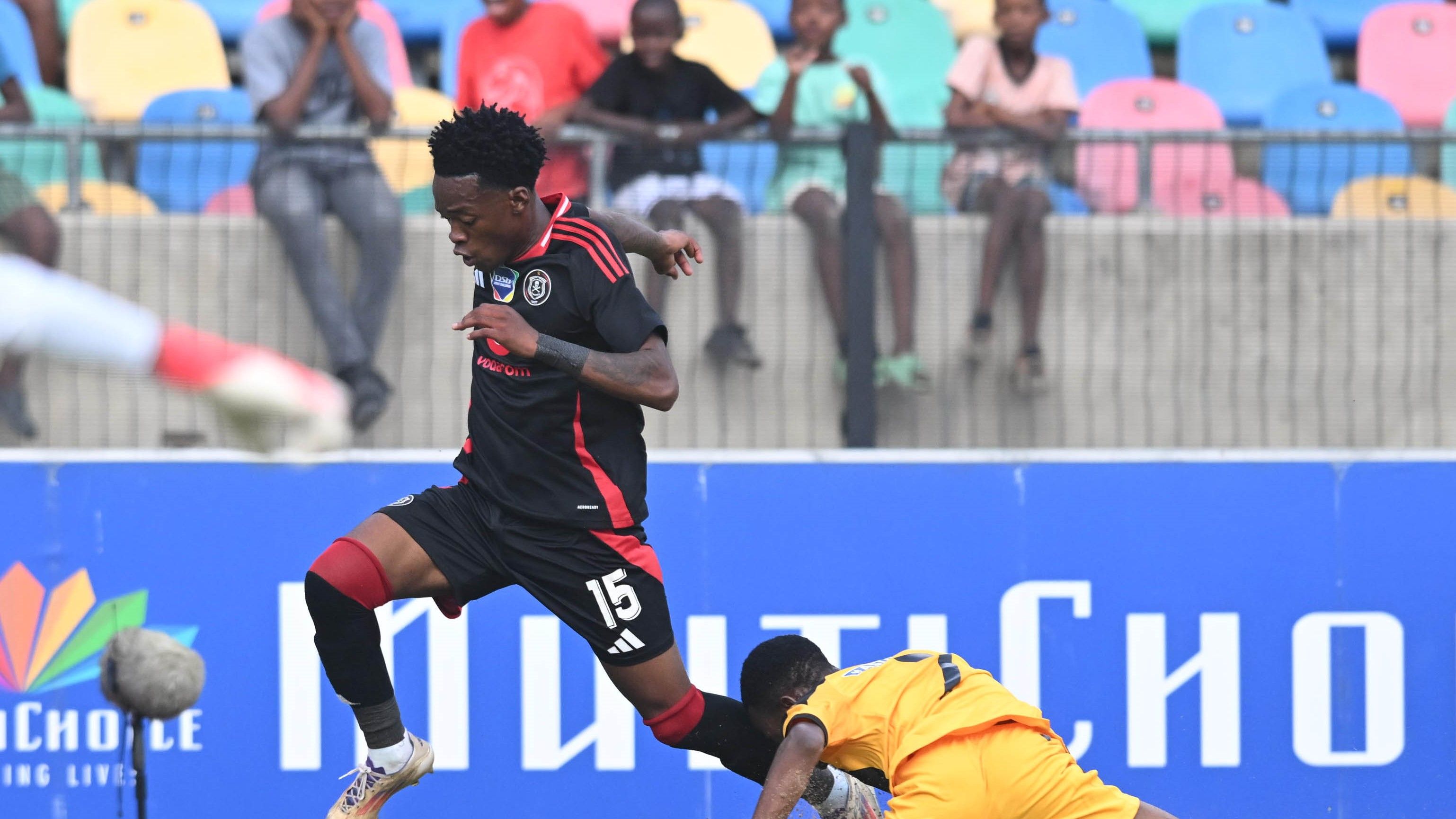 Neo Mokoena of Orlando Pirates challenged by Orlando Pirates' Ofentse Kgosana in Diski Challenge encounter