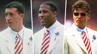 Robbie Fowler John Barnes Stig Inge Bjornebye Liverpool white suits