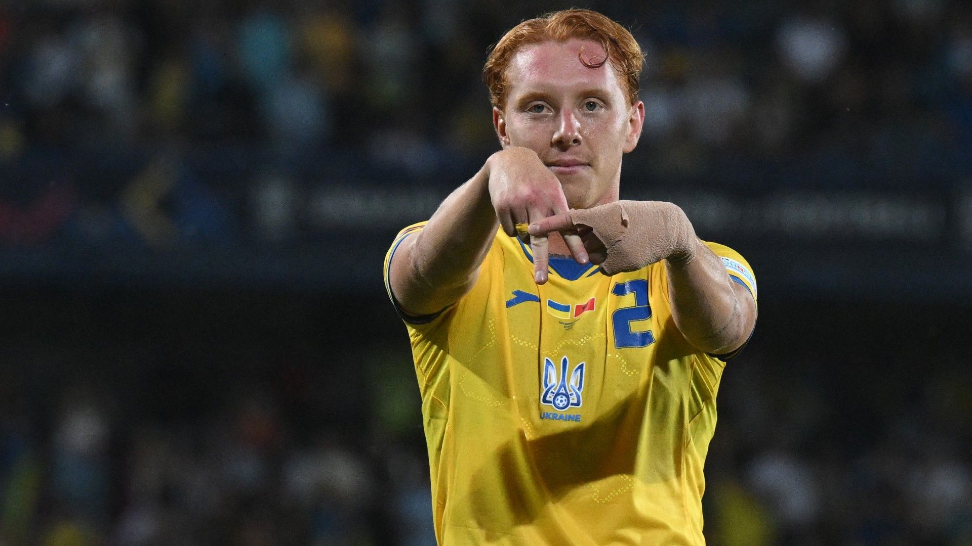 181124 Ukraine's defender #02 Yukhym Konoplia celebrates 