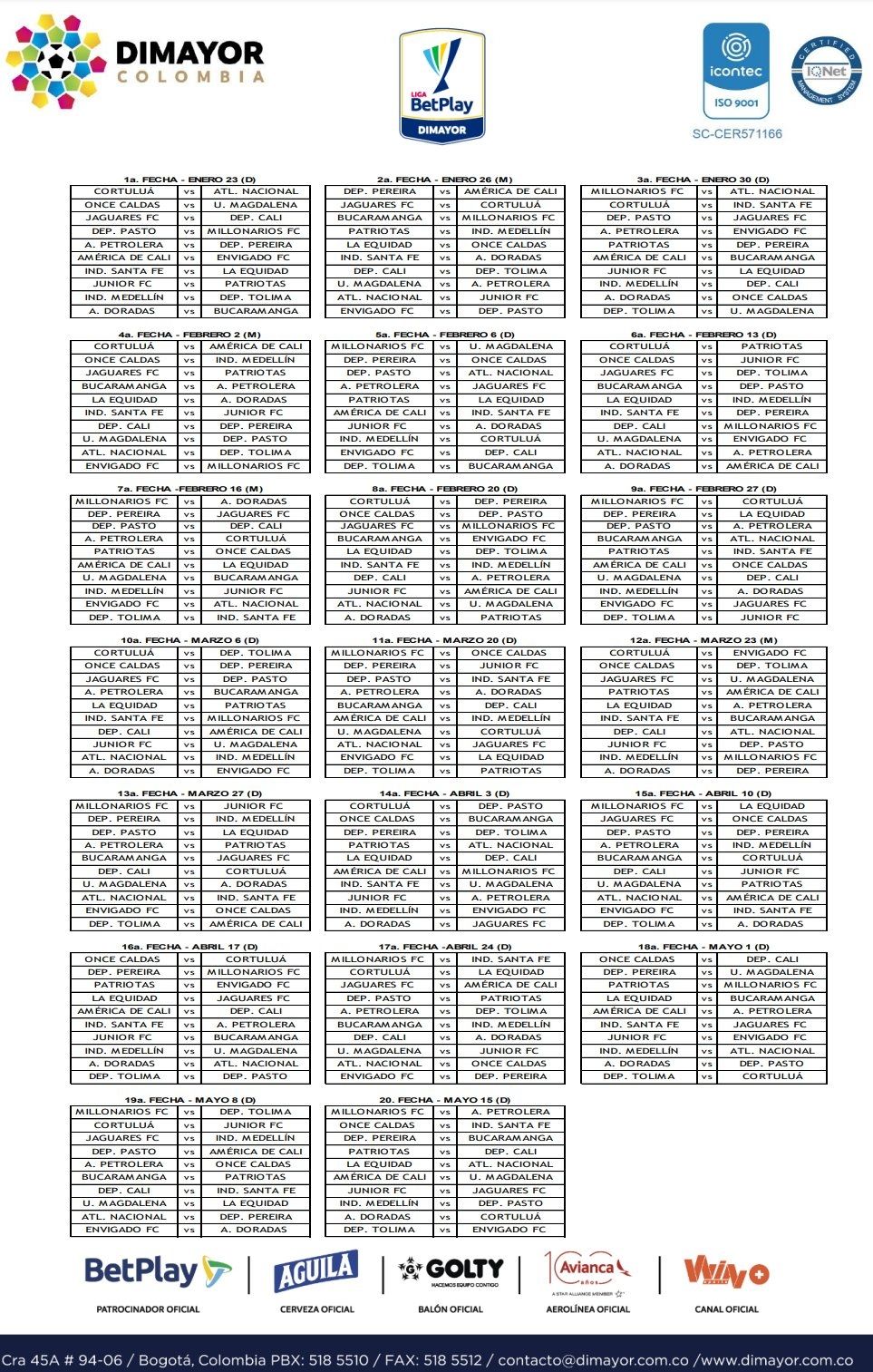 Calendario Liga BetPlay 2022-I
