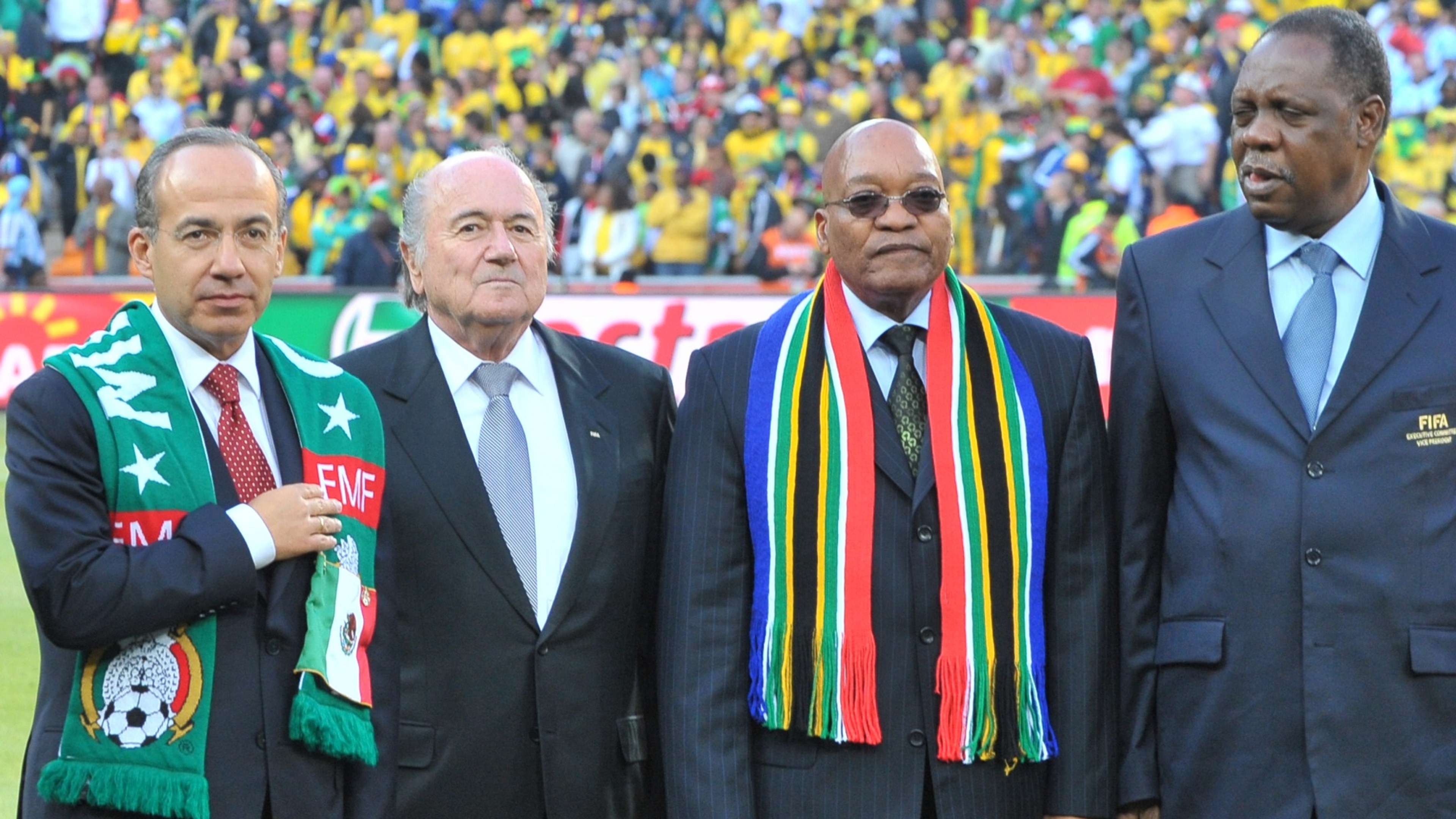 Mexican President Felipe Calderon, FIFA President Sepp Blatter, South Africa's President Jacob Zuma and CAF President Issa Hayatou