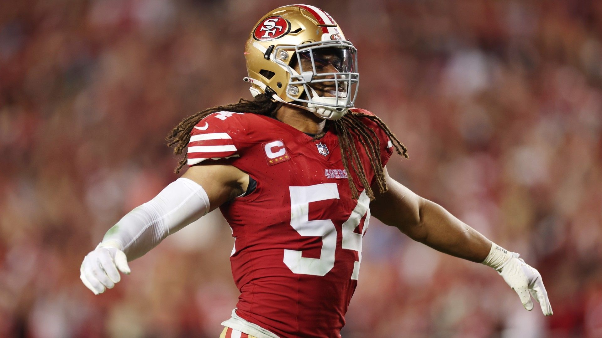 Fred Warner #54 of the San Francisco 49ers reacts