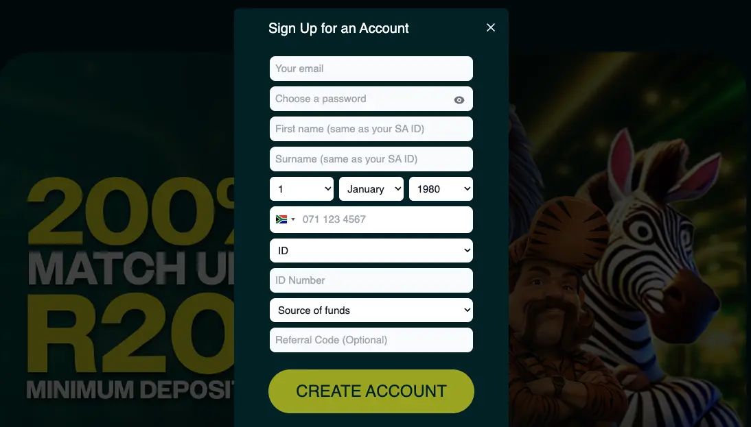 ZARbet Sign Up for an Account