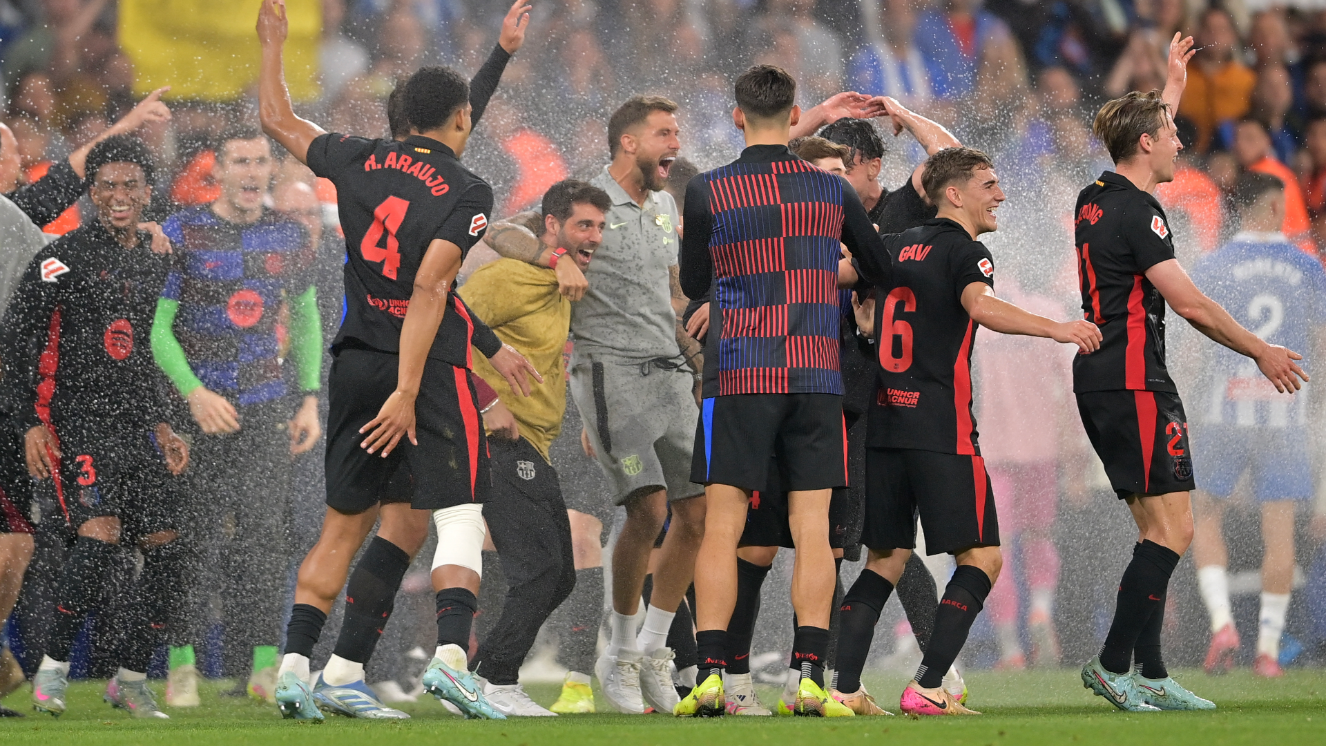 VIDEO: Espanyol rain on Barcelona's parade! Catalan side turn on the sprinklers immediately after defeat to rivals as Lamine Yamal & Co attempt to celebrate La Liga title