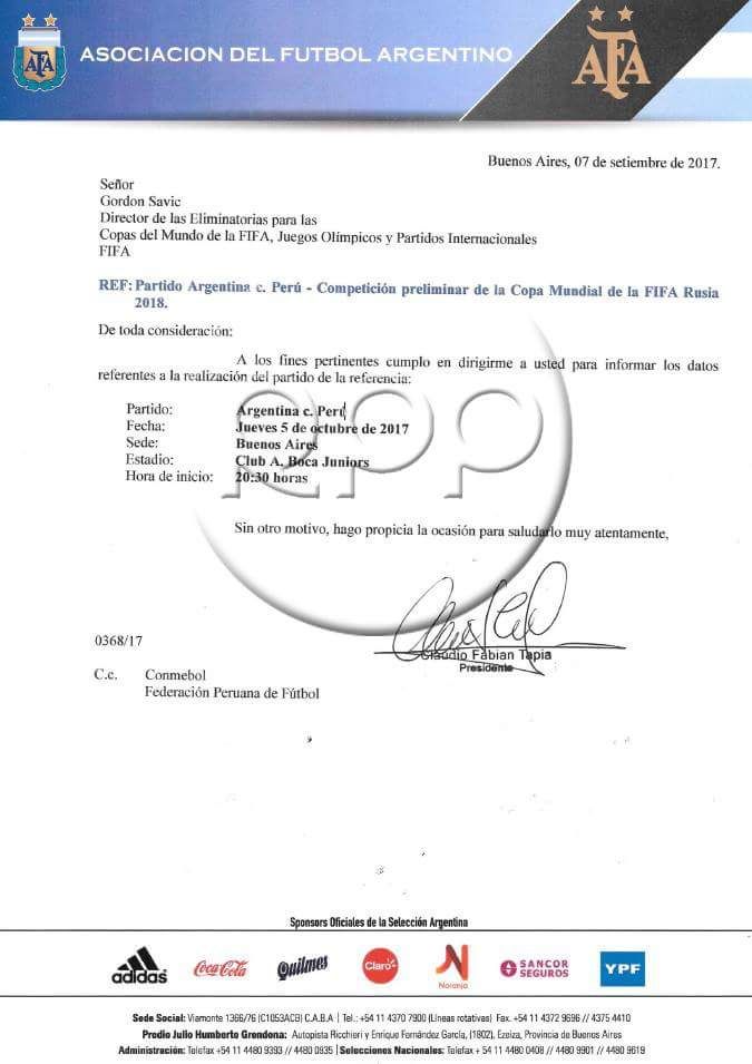 Documento AFA pedido Bombonera FIFA 2017