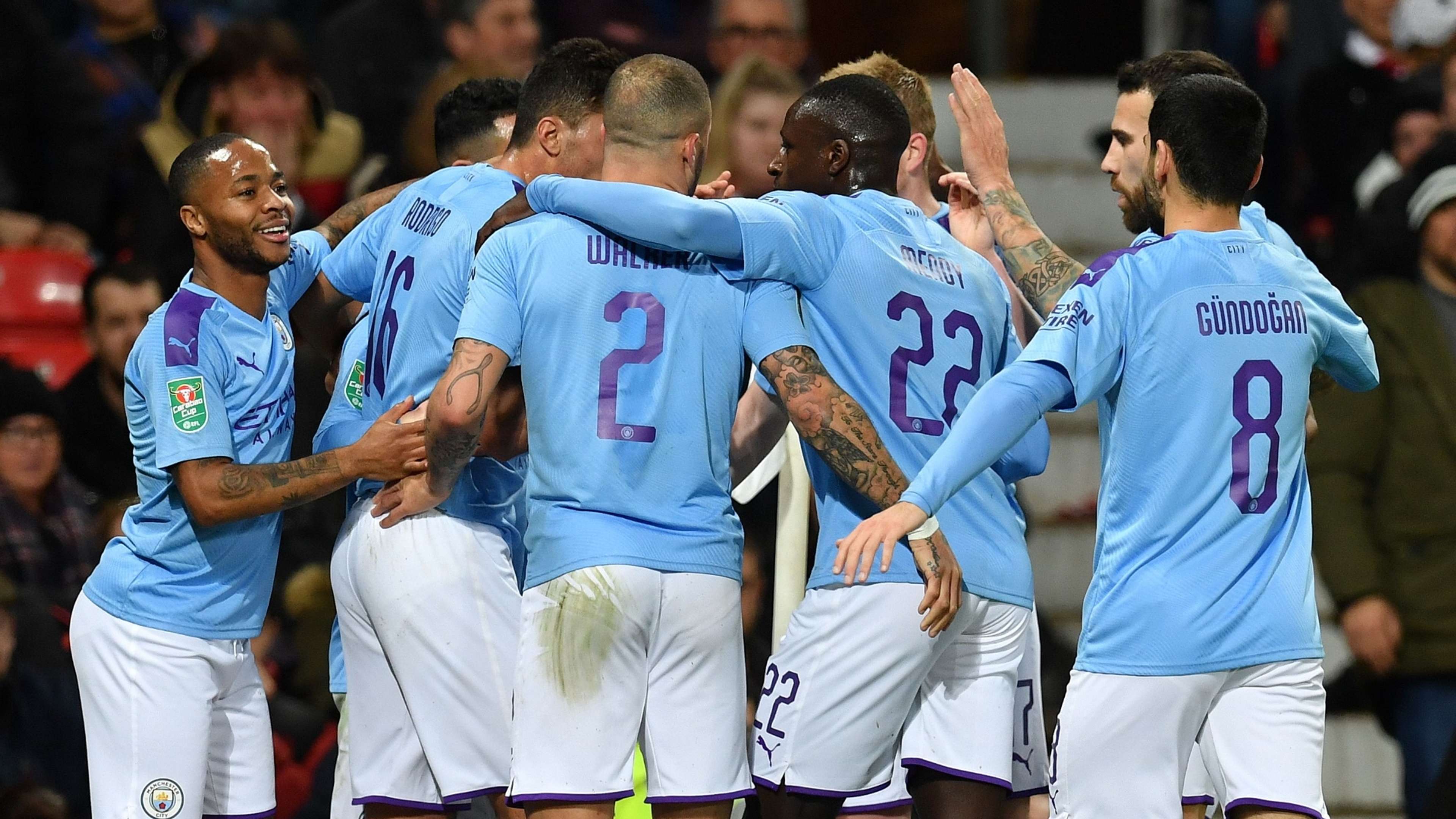 Manchester City celebrate at Old Trafford vs Man Utd 2019-20 Carabao Cup