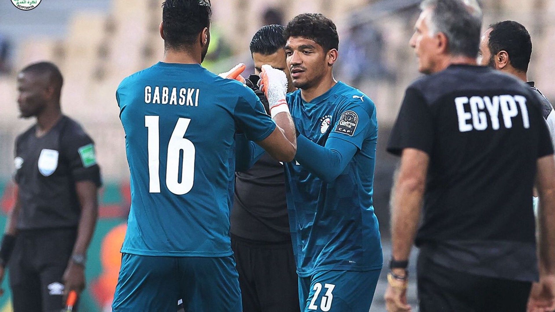 Egypt's goalkeepers Mohamed Abou Gabal and Mohamed Sobhy.