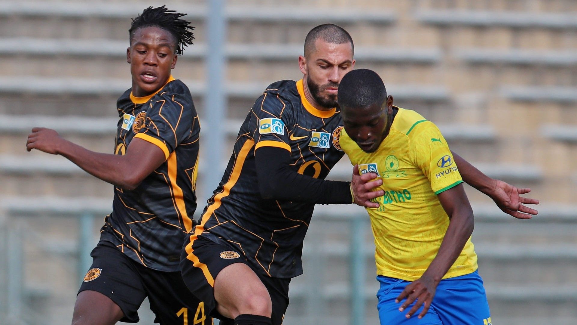 Kgaogelo Sekgota, Daniel Cardoso and Aubrey Modiba, Kaizer Chiefs, August, 2021