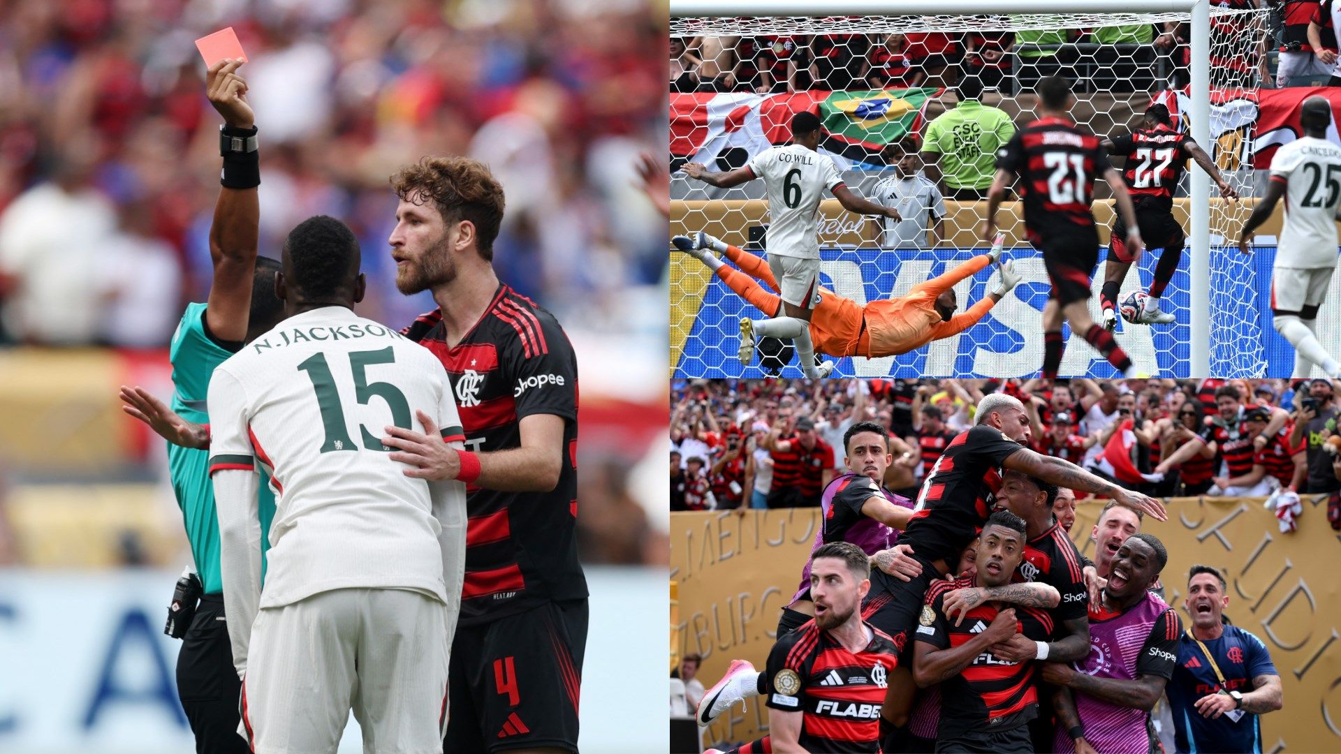 Jackson sees red for Chelsea, Flamengo celebrate scoring in their turnaround victory.