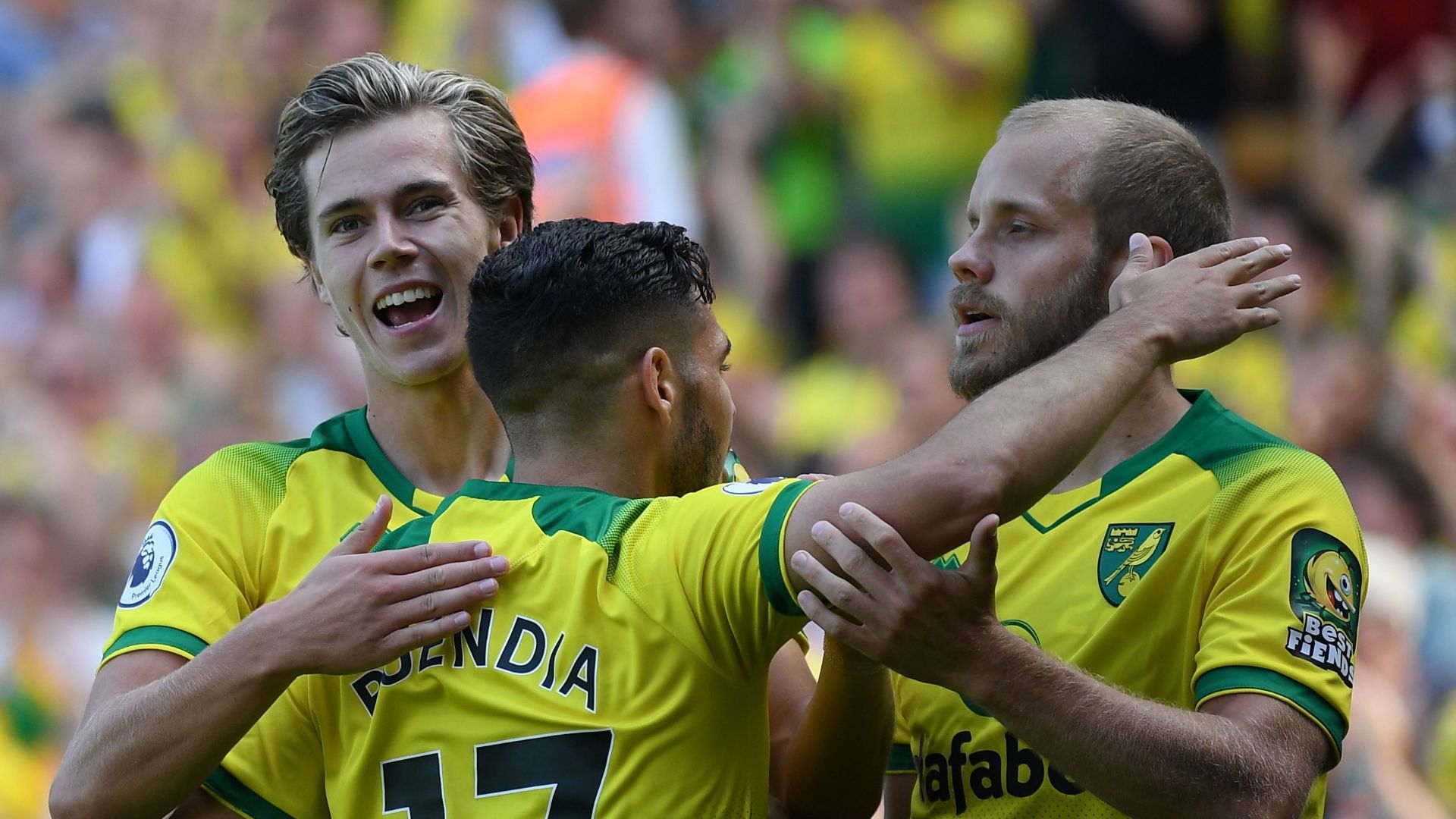 Norwich vs Chelsea, Todd Cantwell, Emiliano Buendia, Teemu Pukki celebrate