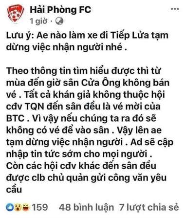 Hai Phong fans notification V.League 2019