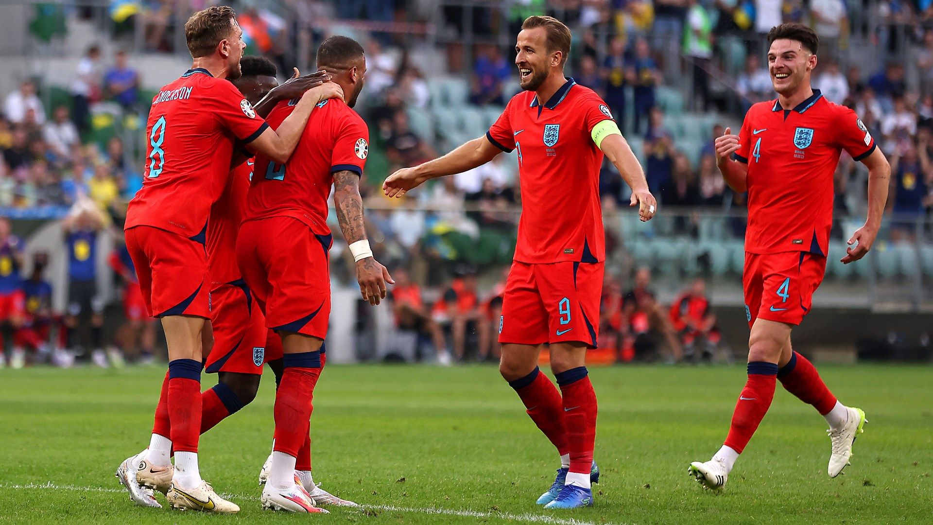 England celebrating Kyle Walker goal against Ukraine 2023