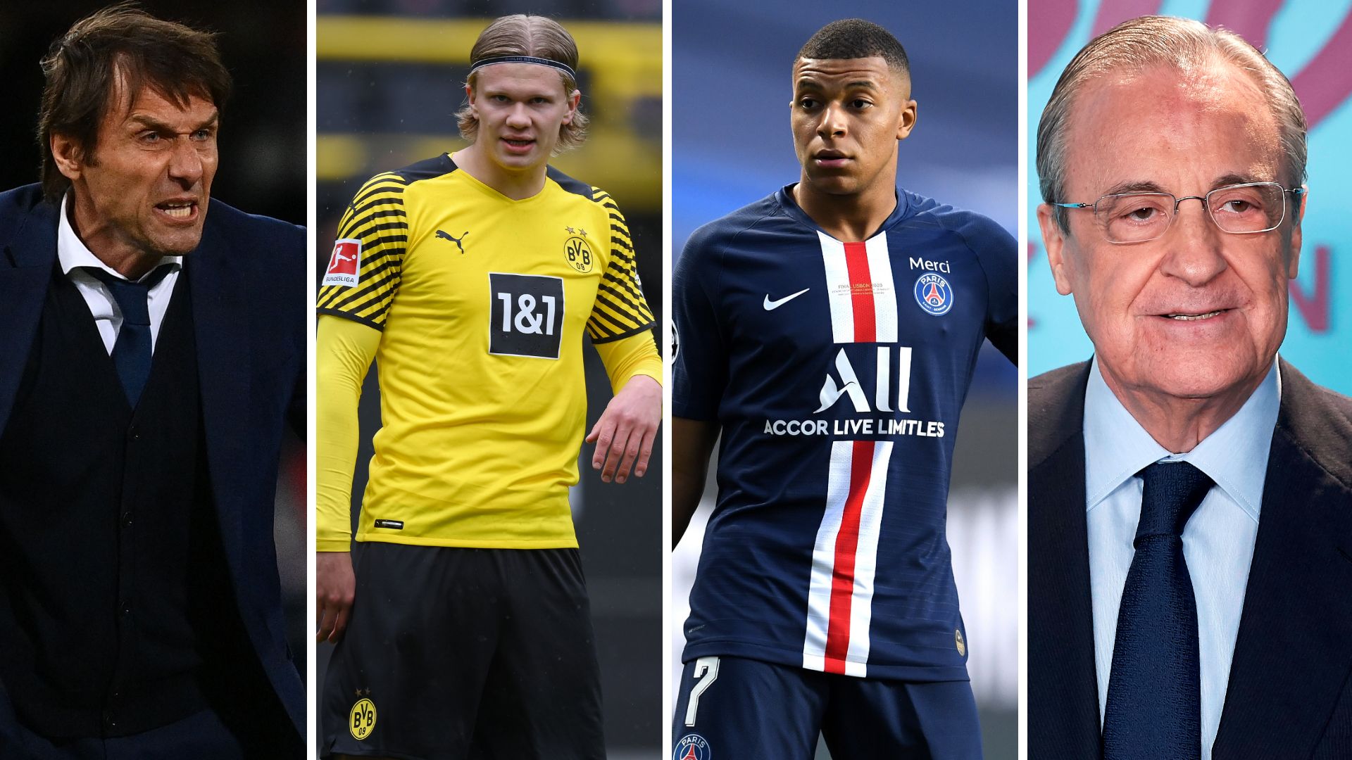 Antonio Conte, Erling Haaland, Kylian Mbappe, Florentino Perez GFX