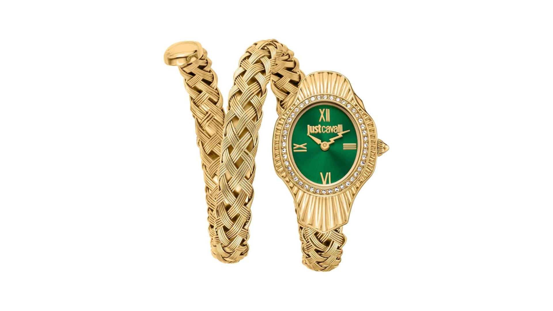 جست كافالي ساعة للنساء هيكل ذهبي اللون مينا اخضر داكن سوار معدني عقربين 3 ايه تي ام تناظري