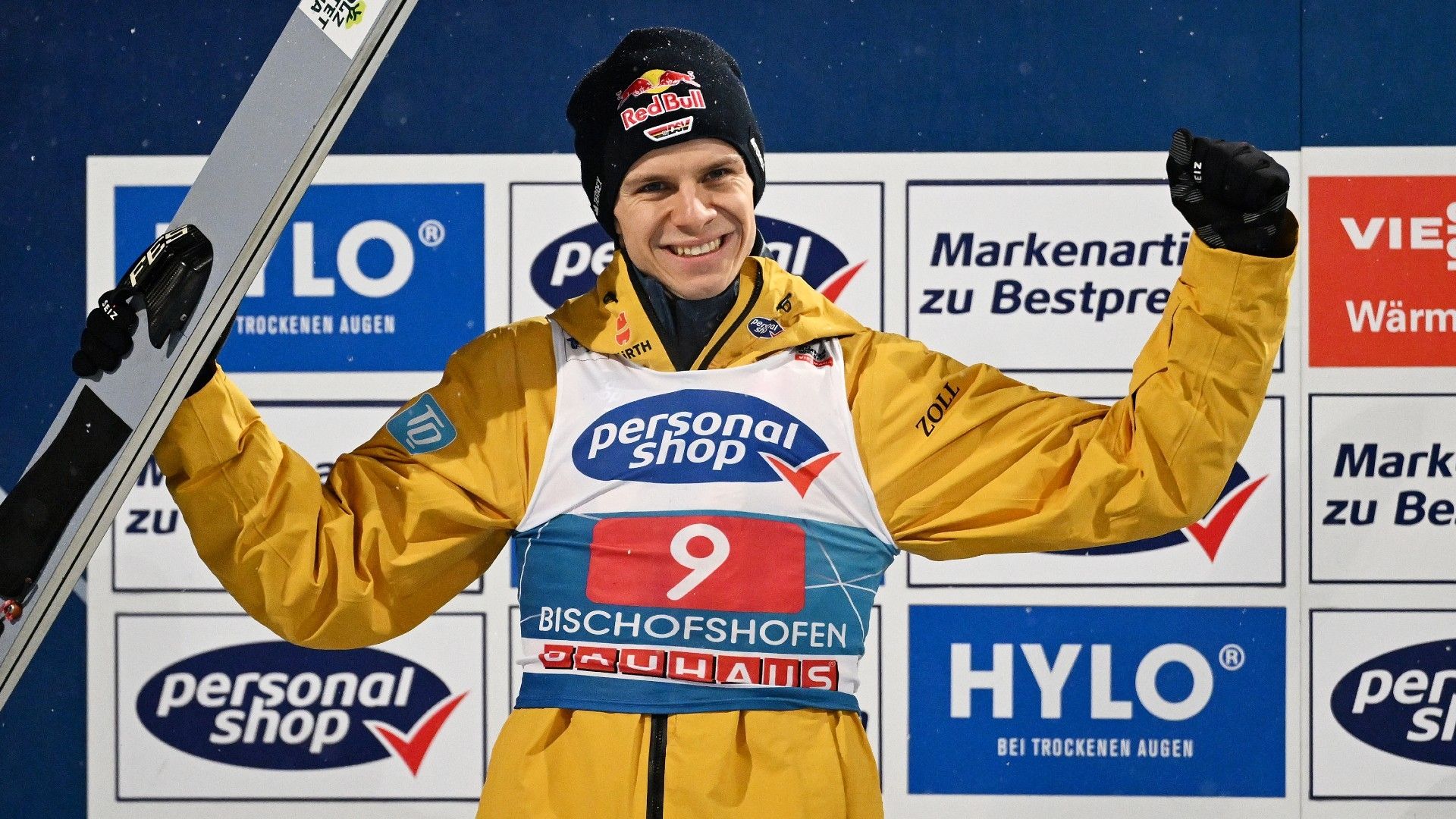 Second Place, Andreas Wellinger of Germany celebrates