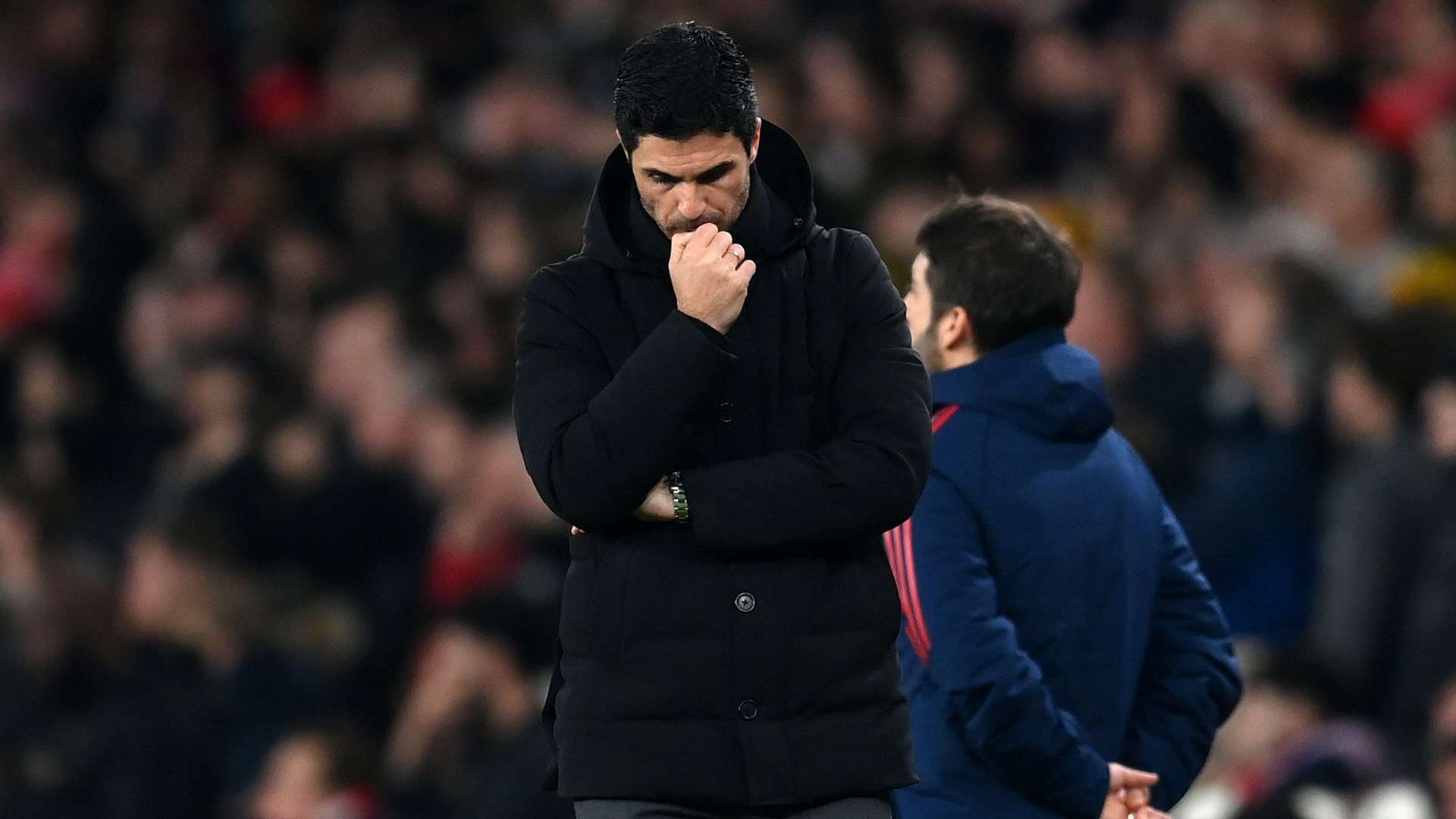 Mikel Arteta Arsenal manager ponders during defeat to Manchester City in 2022-23 Premier League