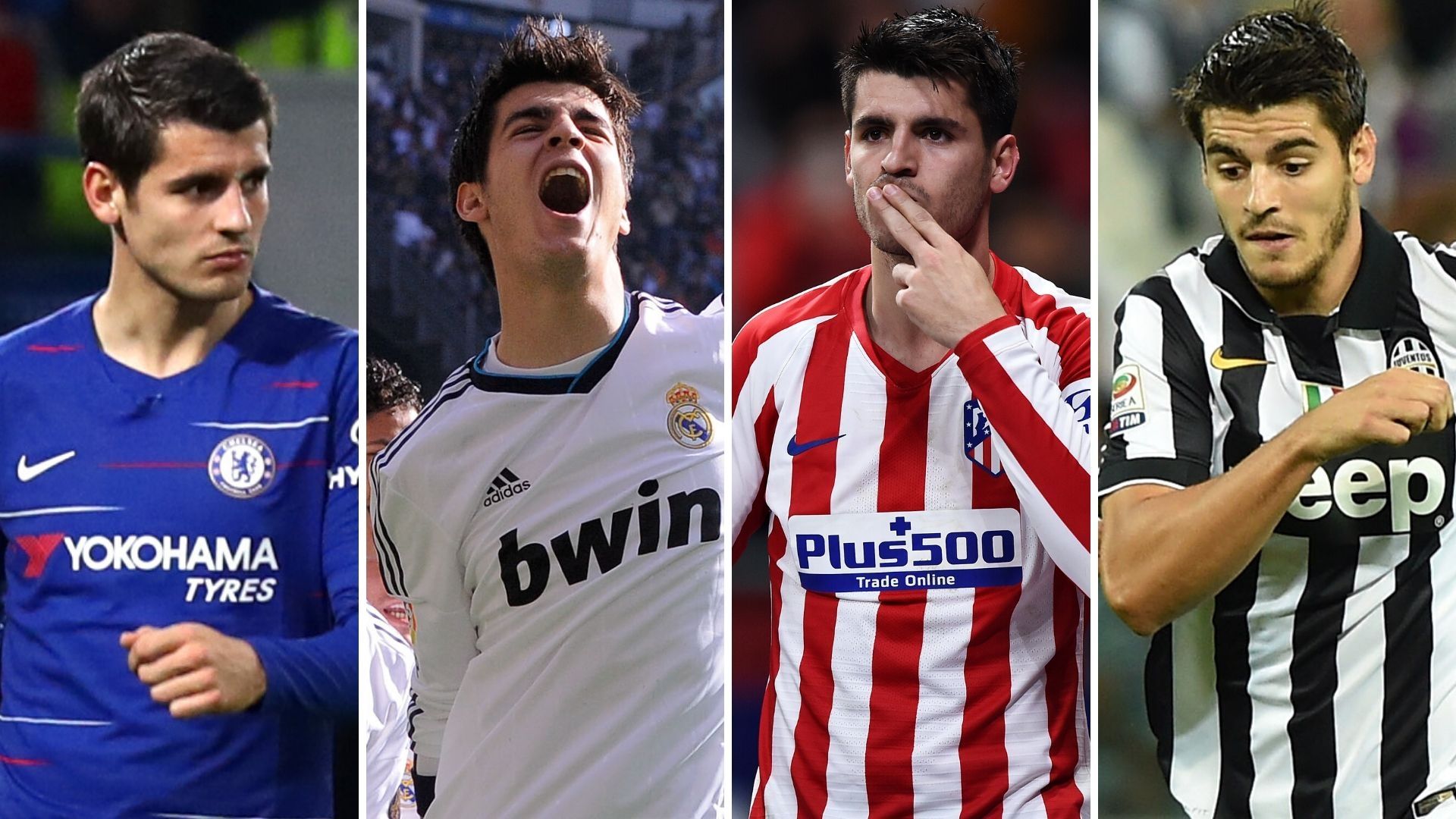 Morata con la camiseta del Chelsea, Real Madrid, Atlético de Madrid y Juventus